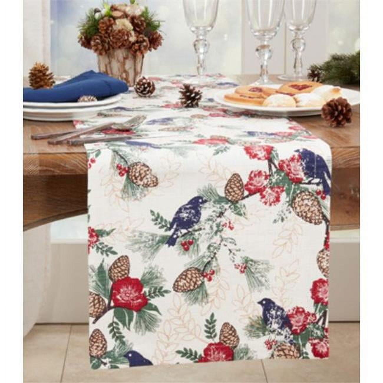 Cotton Table Runner with Pinecones and Birds Design