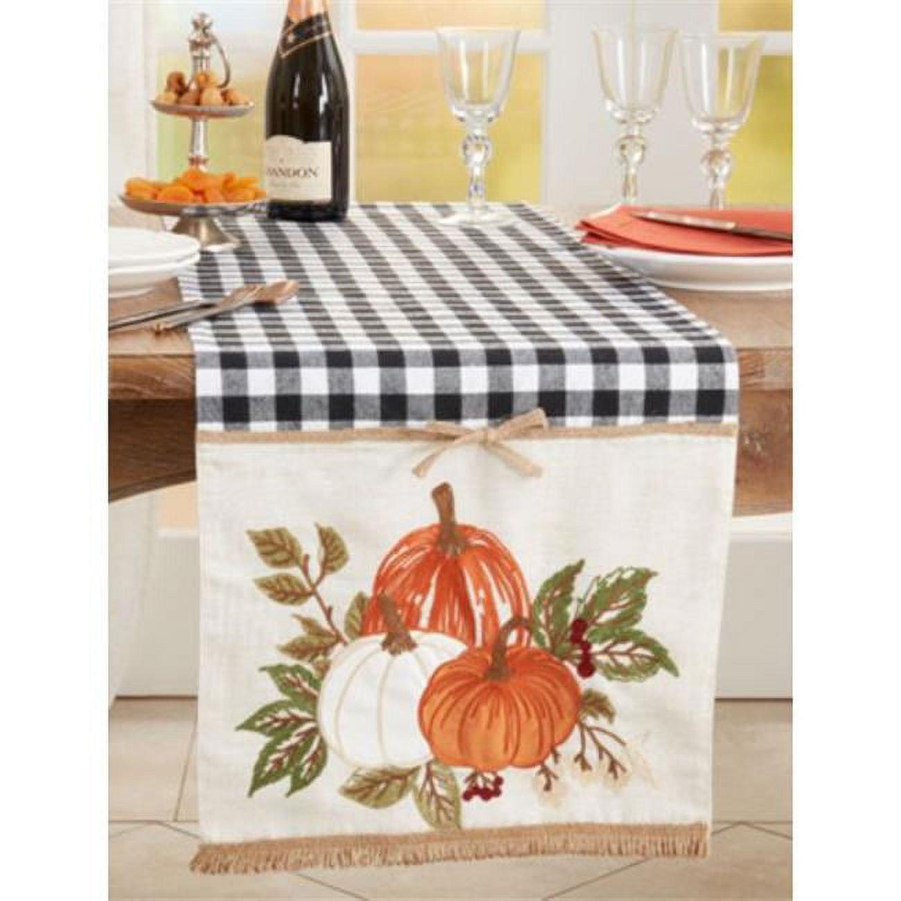 Saro Lifestyle Embroidered Pumpkins Design Plaid Table Runner, Black, 16" x 70"