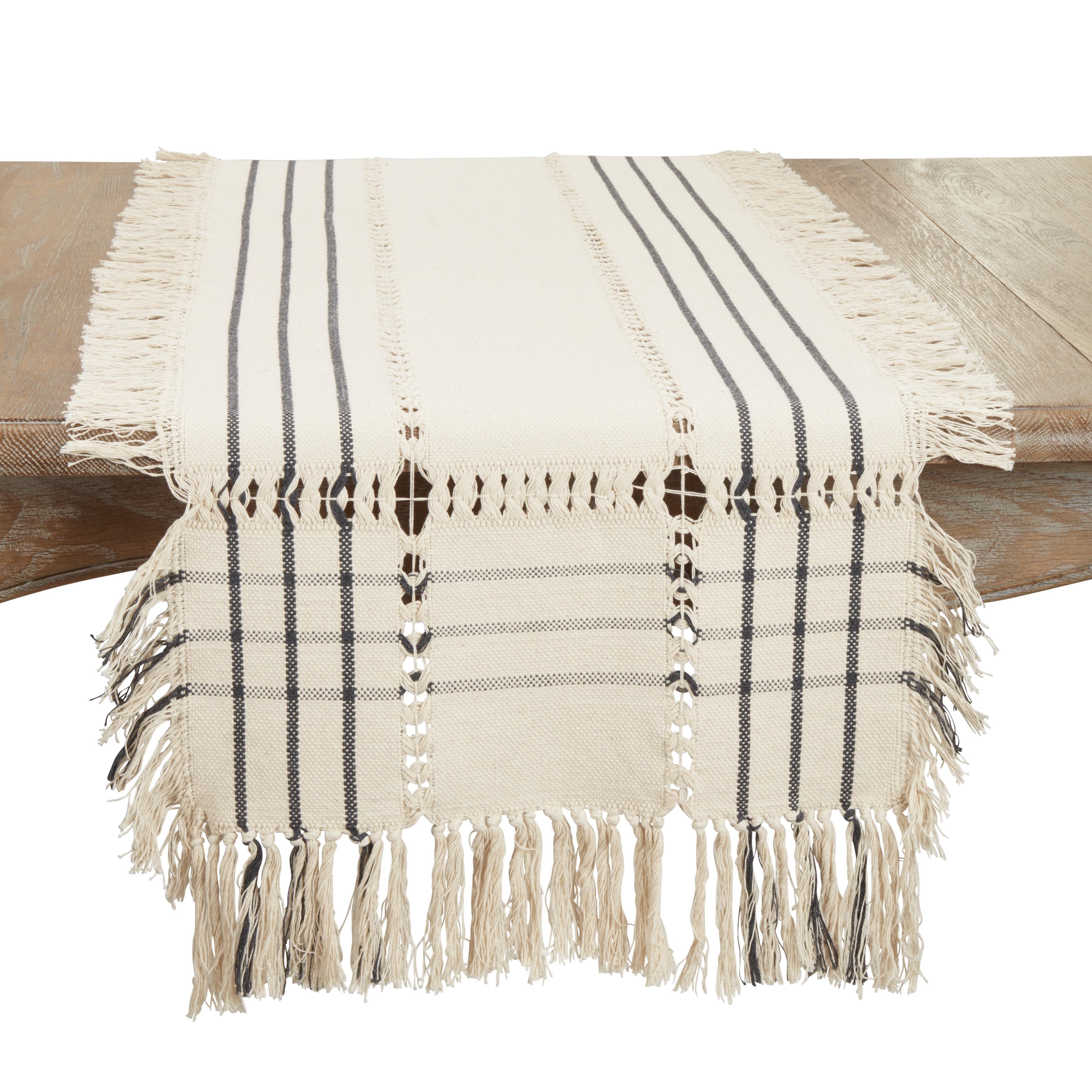 Saro Lifestyle Plaid Hemstitch Table Runner with Fringe, Beige, 16"x72"