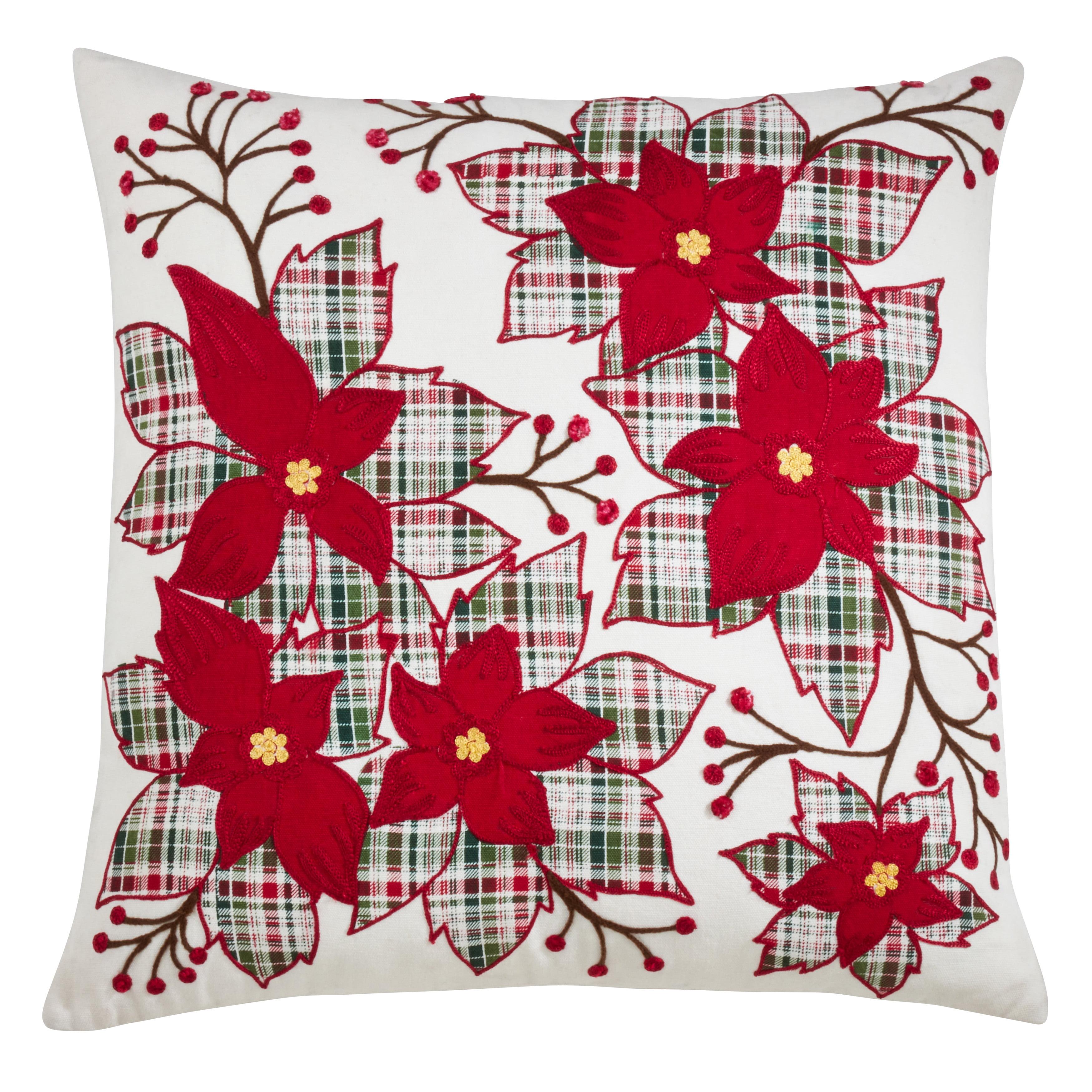 Red and Plaid Poinsettia 20" Decorative Pillow Cover