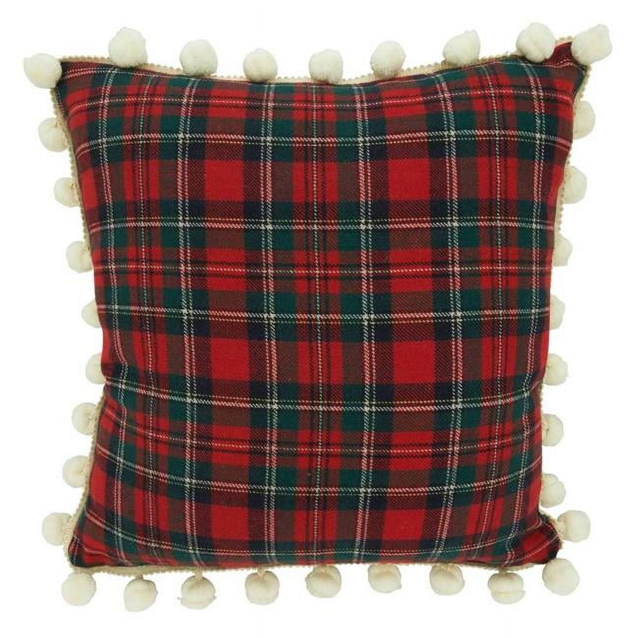 Saro Lifestyle Down-Filled Throw Pillow With Plaid Pom Pom Design