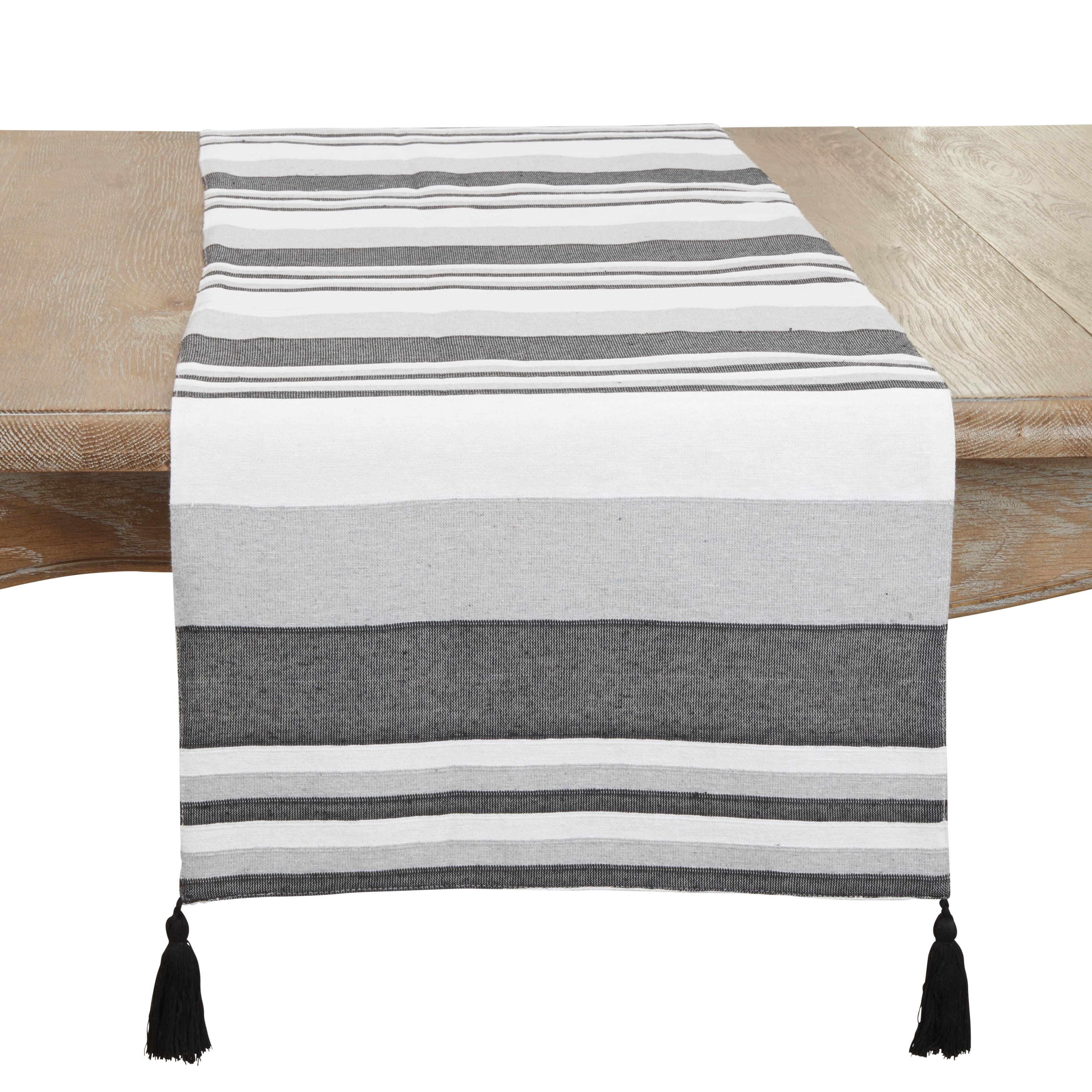 Gray and White Striped Cotton Table Runner with Tassels