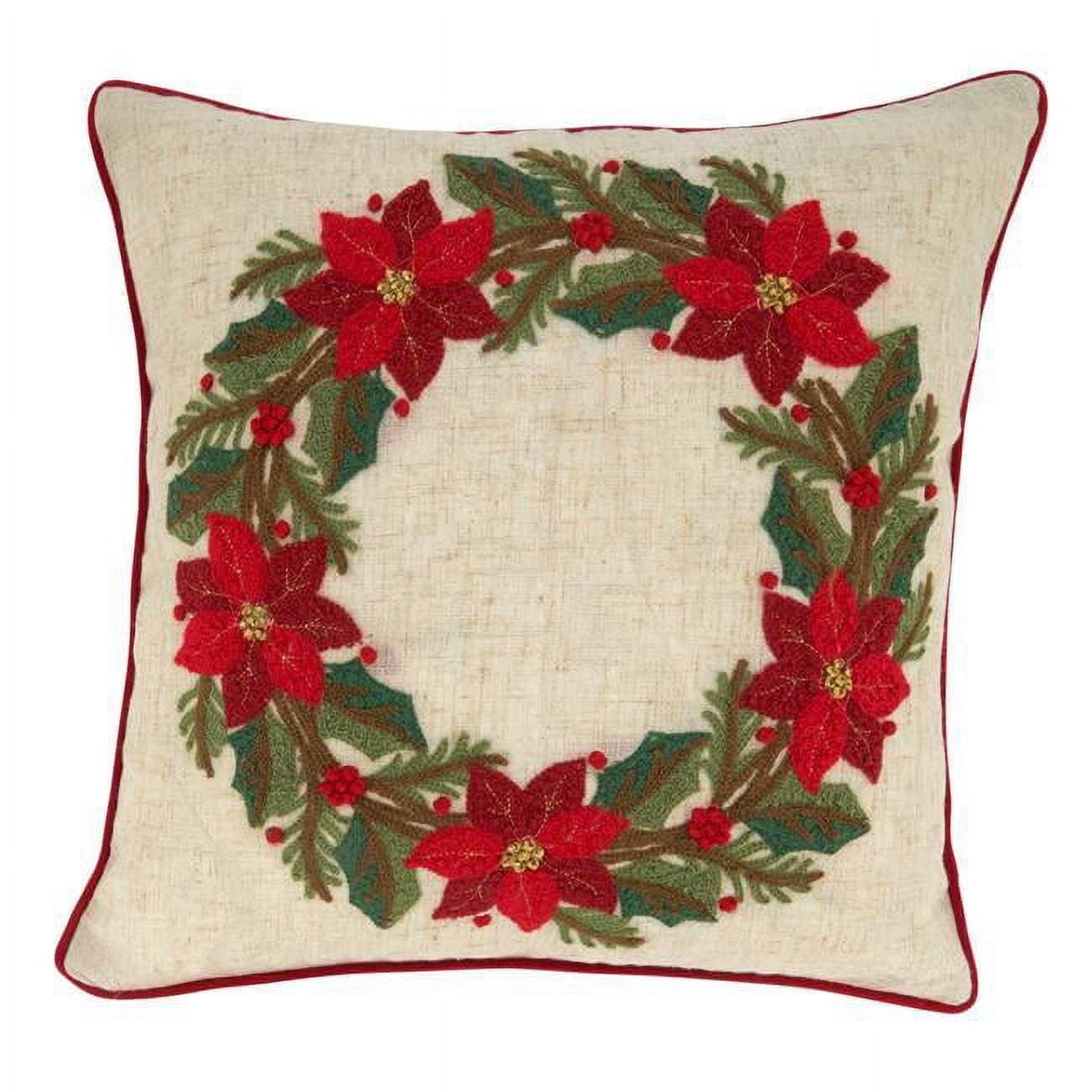 Saro Lifestyle Poinsettia Wreath Pillow - Down Filled, 16" Square, Multi