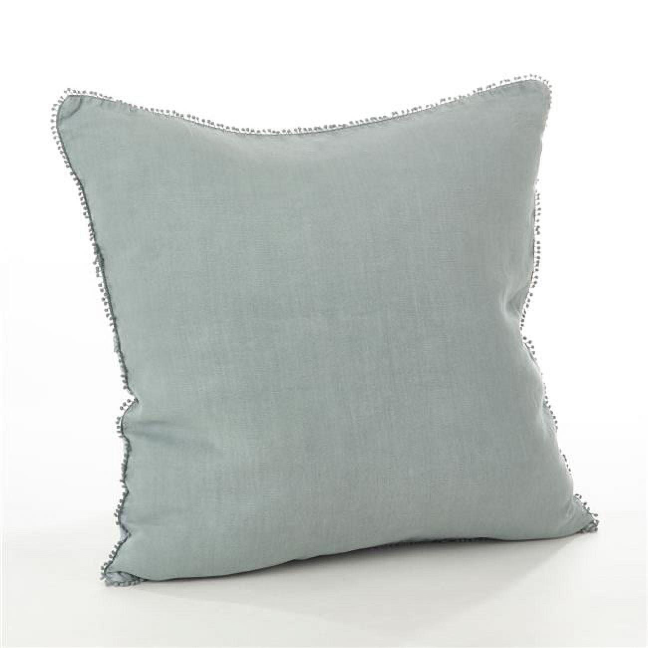 Blue-Grey Linen Square Throw Pillow with Pom-Pom Fringe