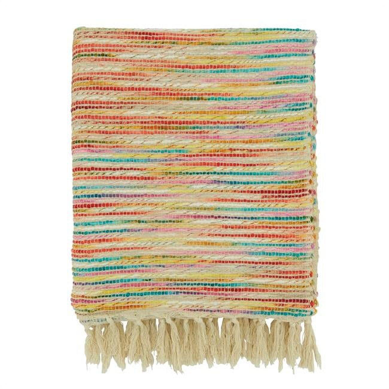 Multicolor Rainbow Stripe Cotton Acrylic Throw Blanket with Fringe