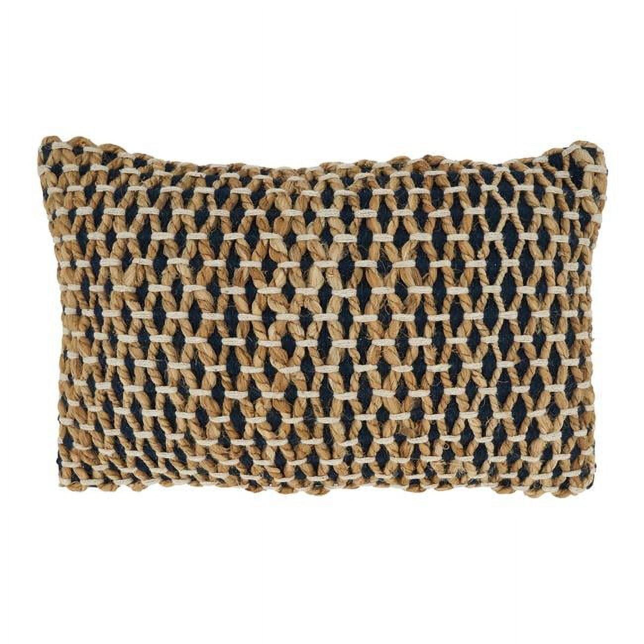 Navy Blue Rectangular Rope Design Cotton Jute Lumbar Pillow