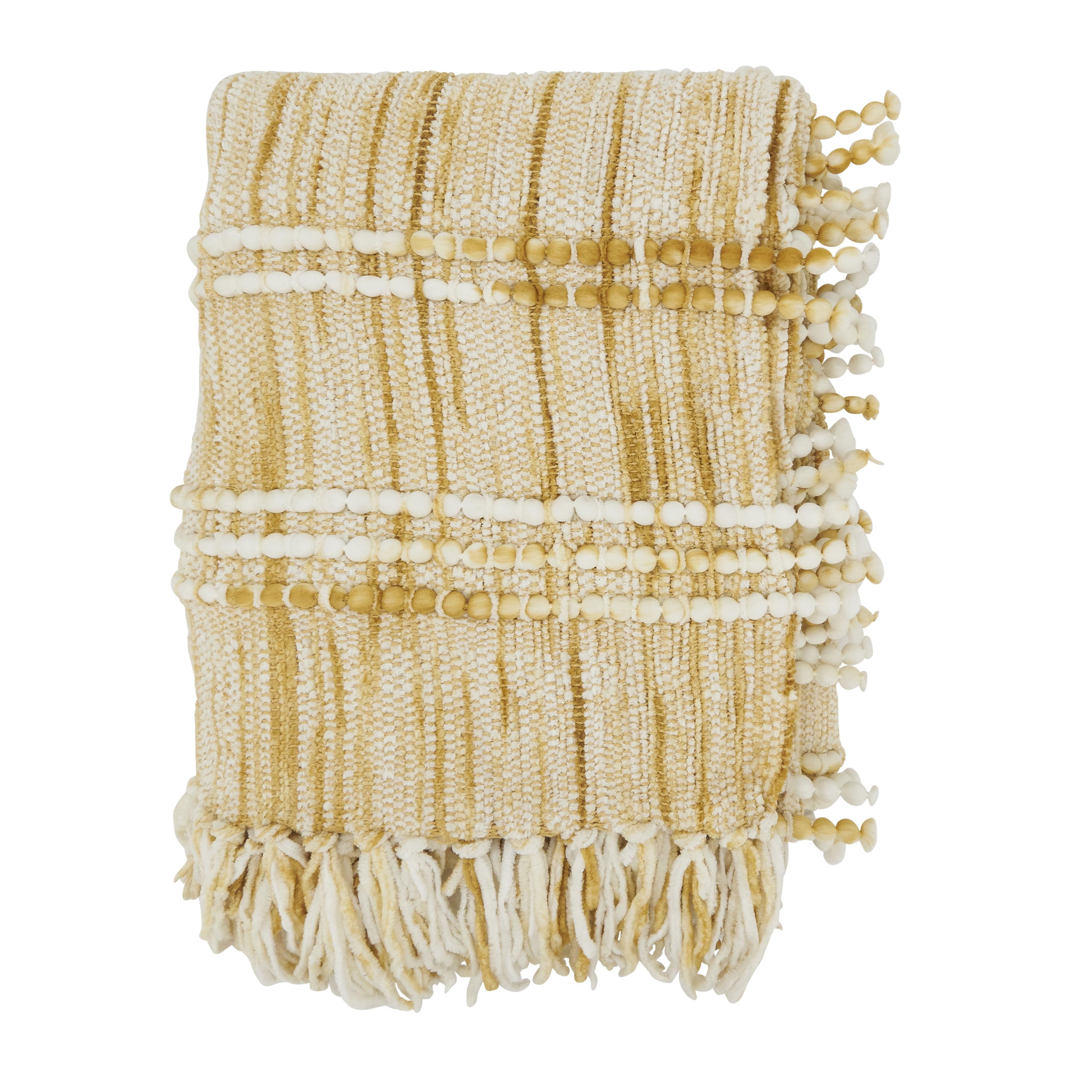 Rustic Gold and White Fringed Chenille Cotton Throw Blanket