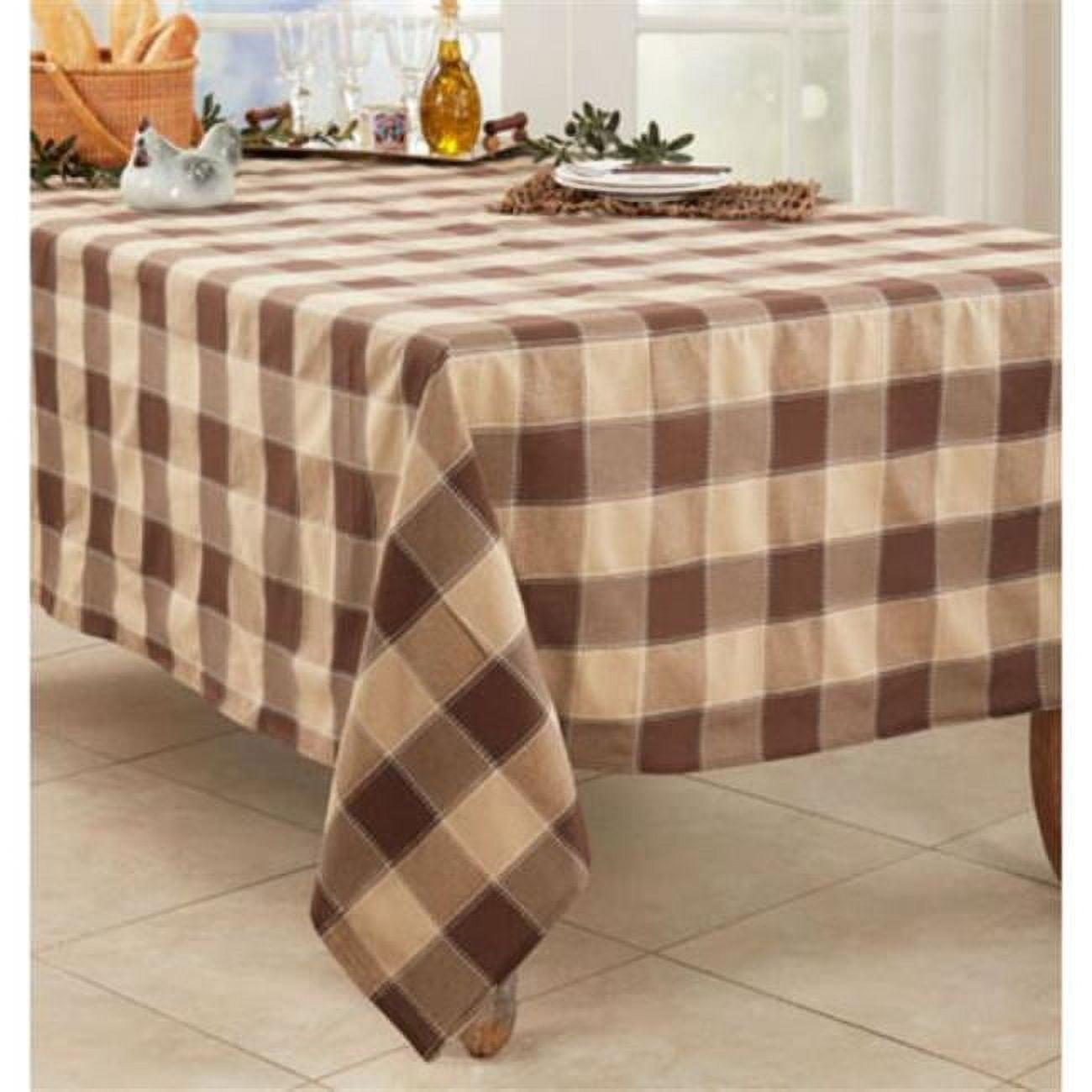 Mocha Stitched Plaid Cotton Blend Tablecloth, 70" x 140"