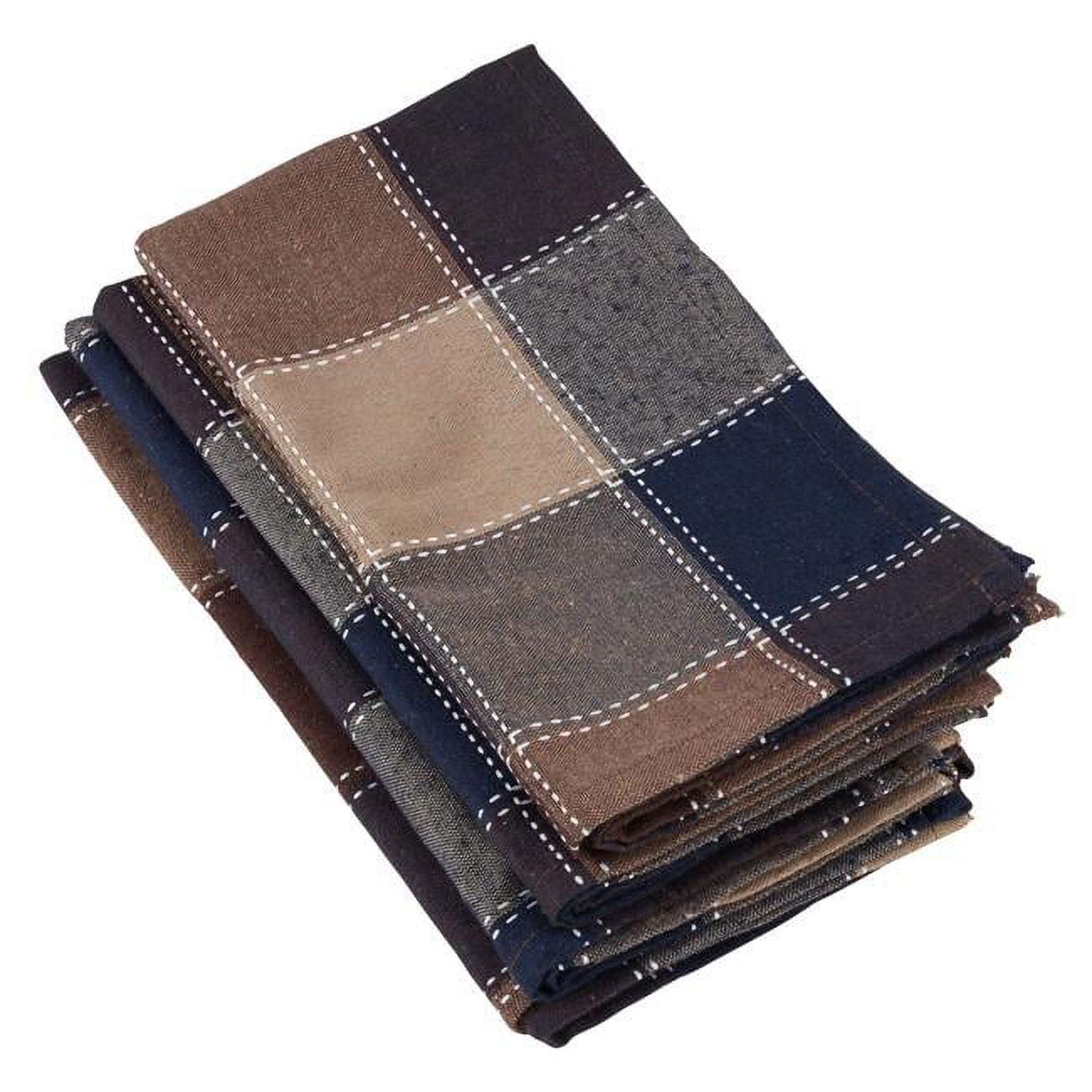 Brown and Blue Stitched Plaid Cotton Blend Table Napkins, Set of 4