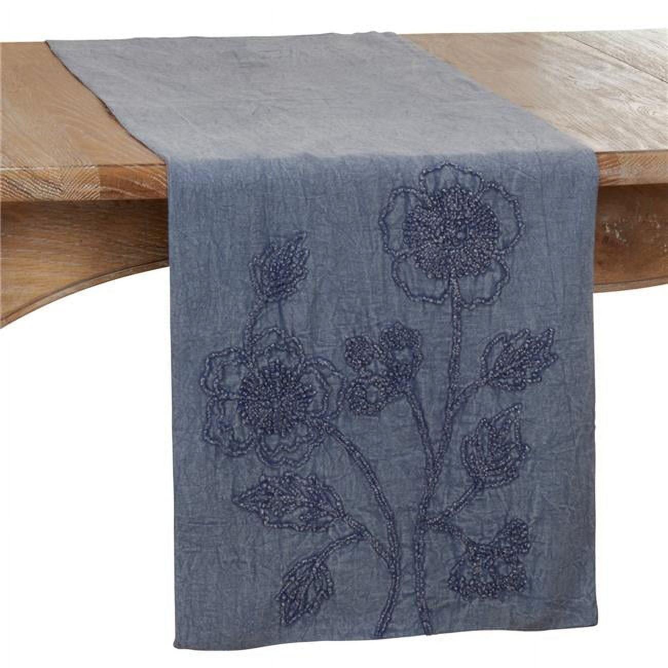 Deep Blue Cotton Floral Embroidered Table Runner