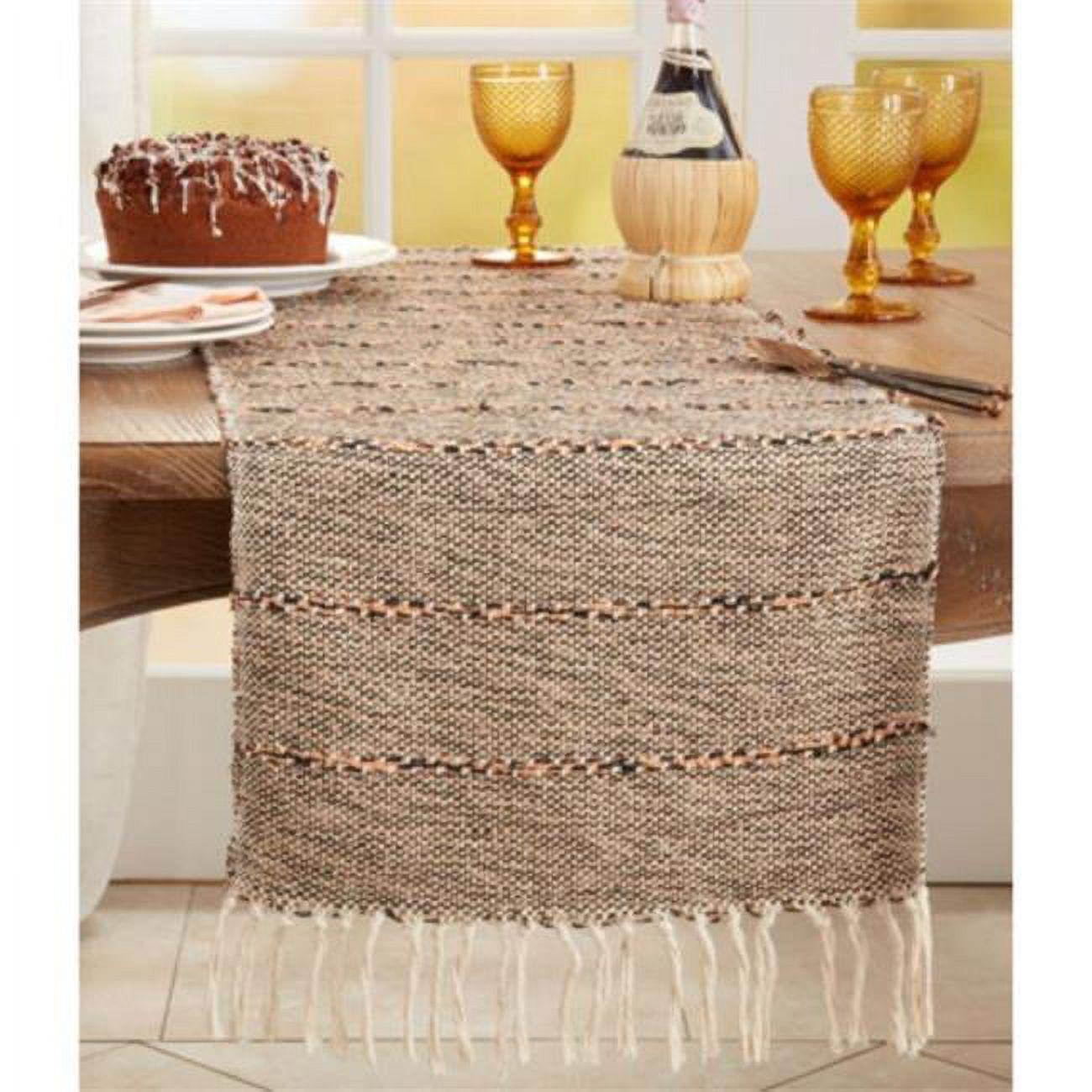 Beige Striped Cotton Polyester Table Runner with Fringe