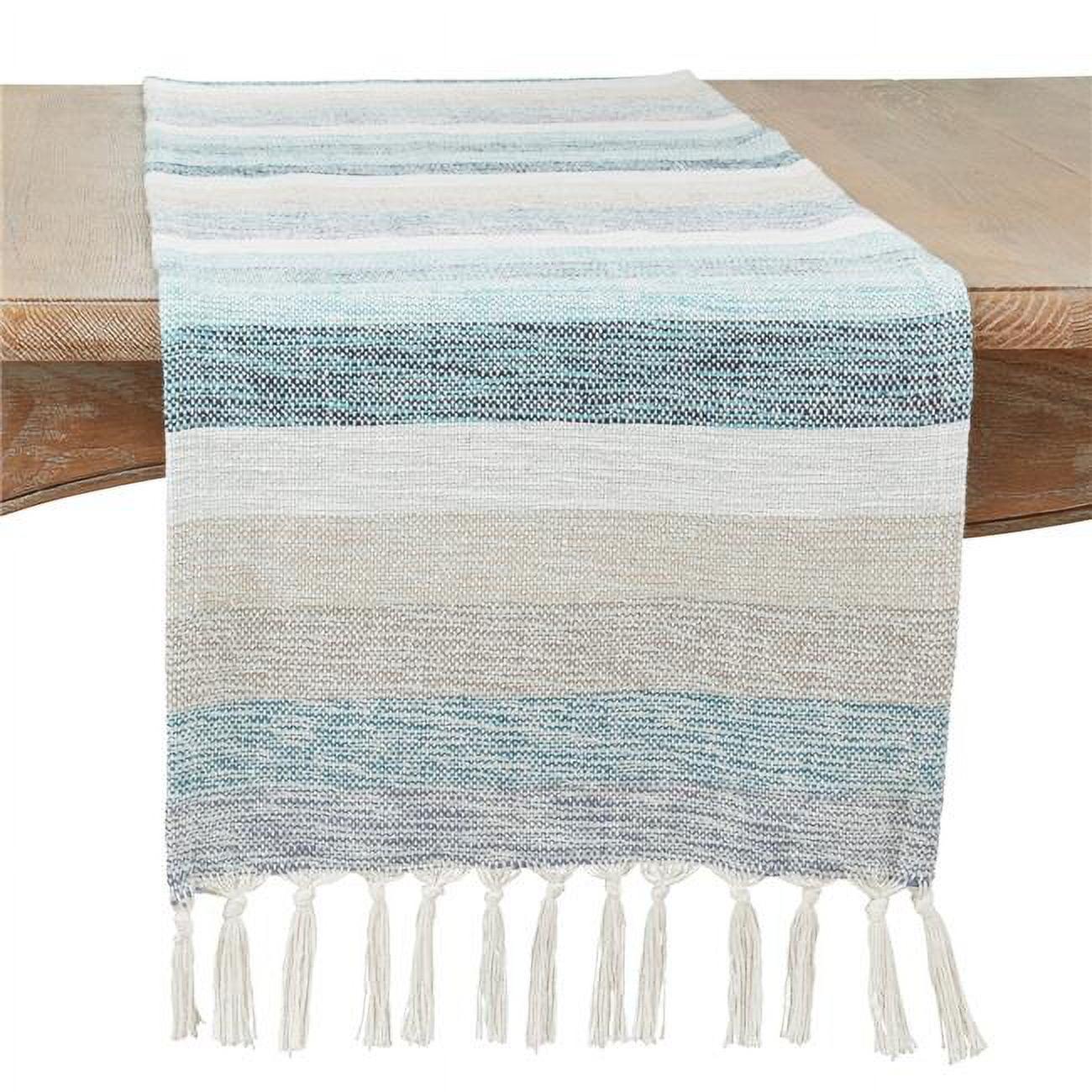 Coastal Blue Striped Cotton Table Runner with Fringe