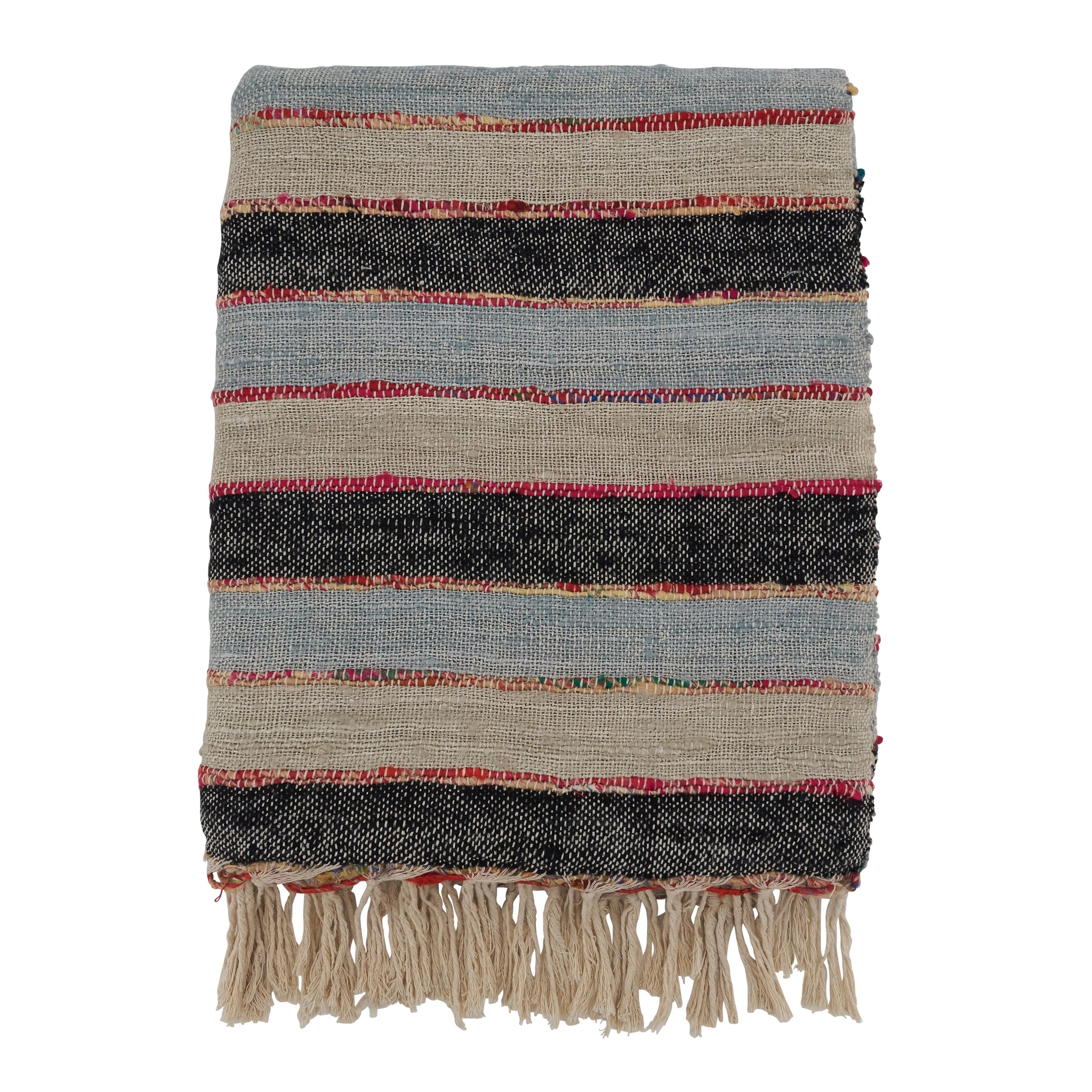 Multicolor Striped Cotton Throw Blanket with Fringe