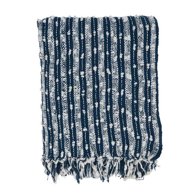 Casual Navy Blue Striped Cotton Fringe Throw Blanket 50" x 60"