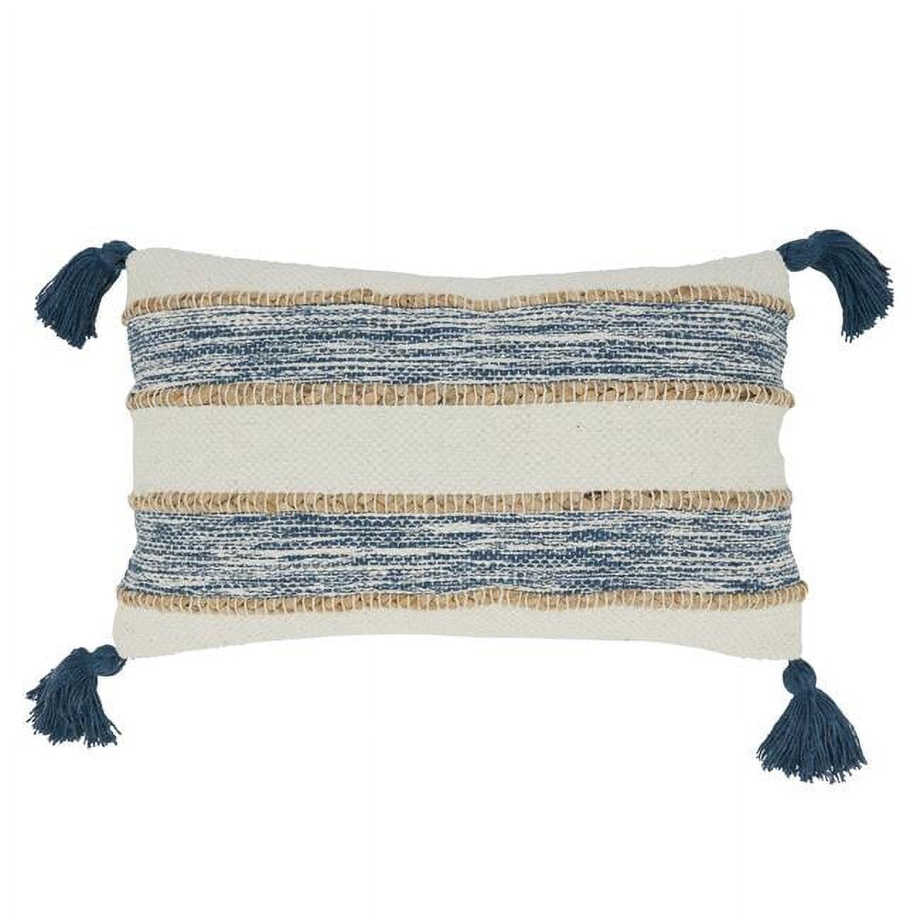 Navy Blue Striped Cotton and Jute Tassel Pillow Cover