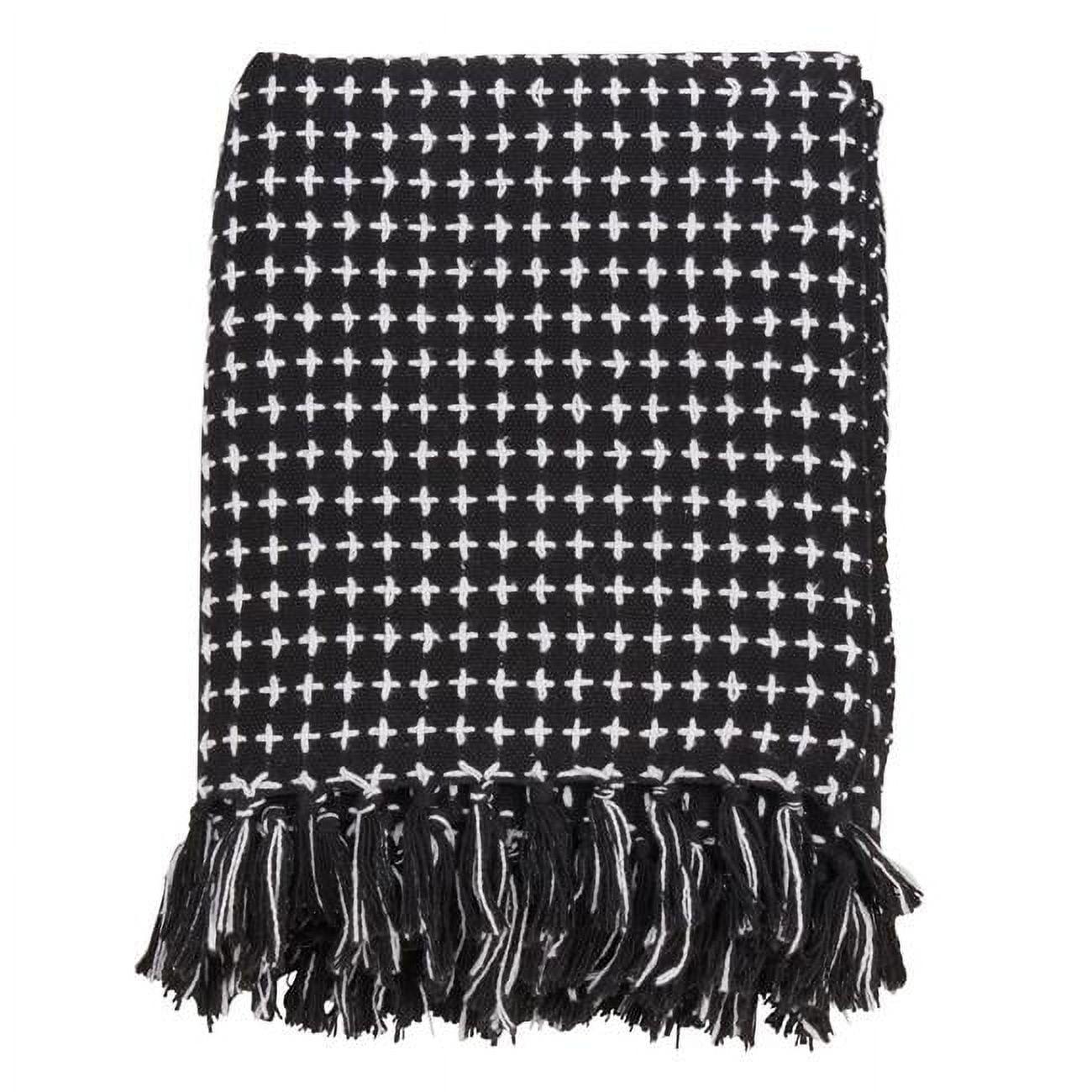 Black and White Cotton Cross Stitch Fringed Throw Blanket