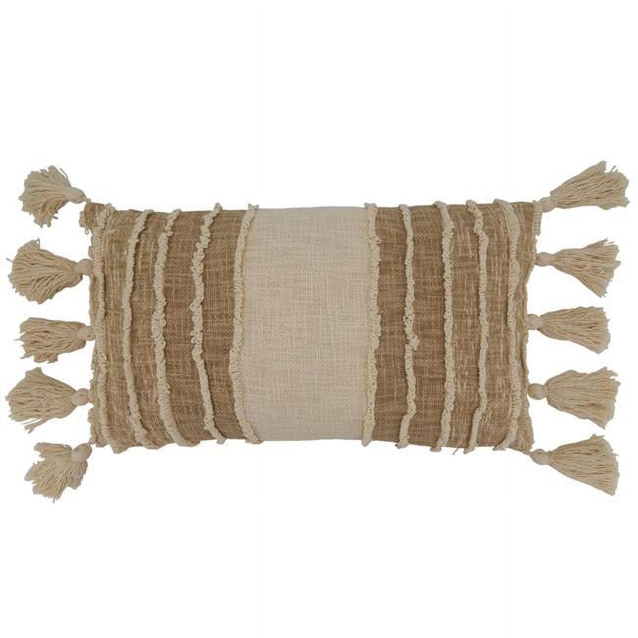 Ivory and Beige Striped Tassel Rectangular Pillow