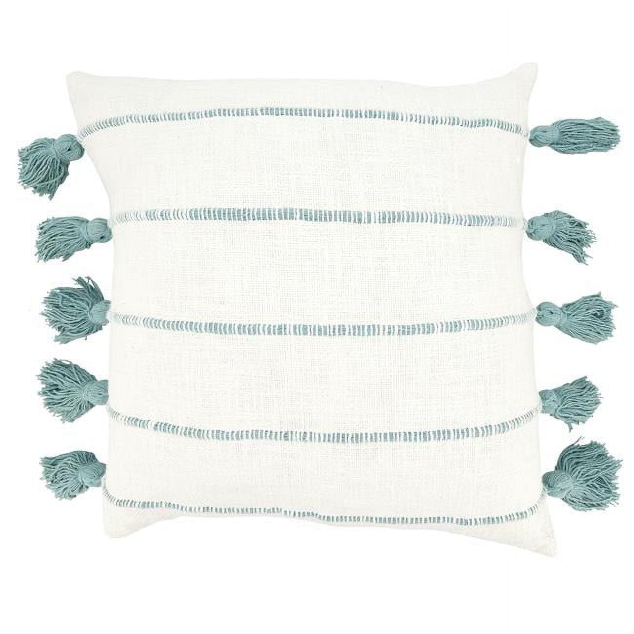 Mint and White Cotton Tassel Stripe 18" Throw Pillow