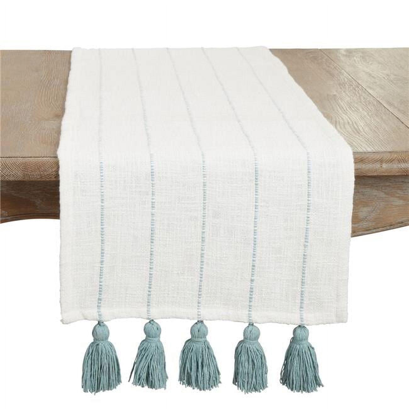 Mint and White Cotton Tassel Stripe Table Runner