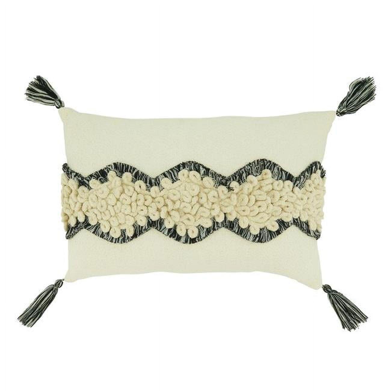 Ivory and Black Yarn Lace Appliqué Throw Pillow with Tassels