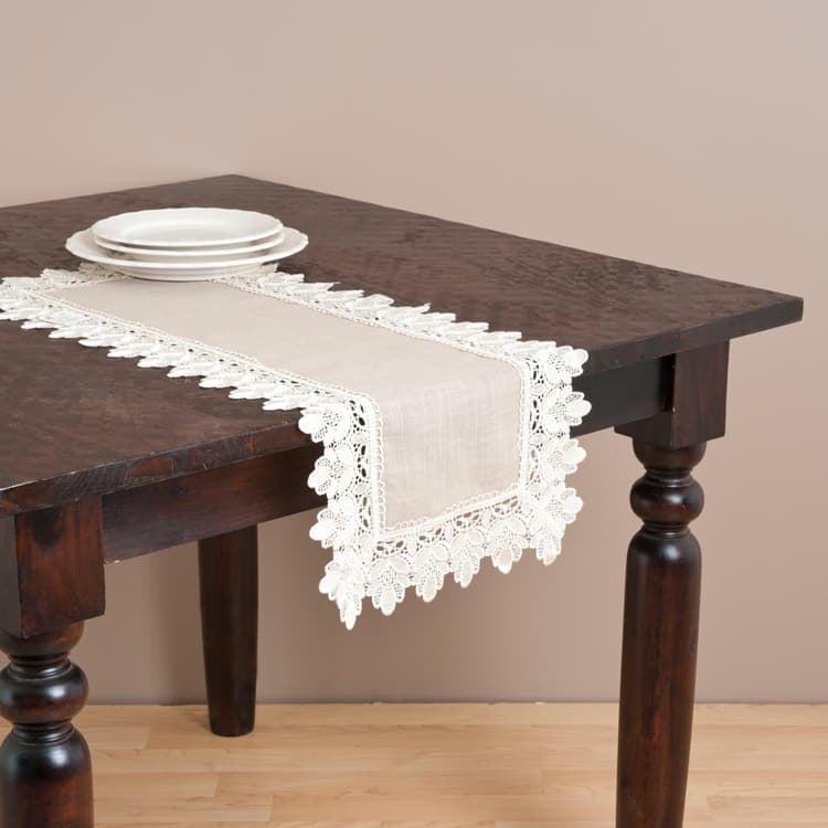 Lace Trimmed Runner Taupe (16"x36"): Saro Lifestyle, Polyester Dresser Scarf, Hand Wash Care