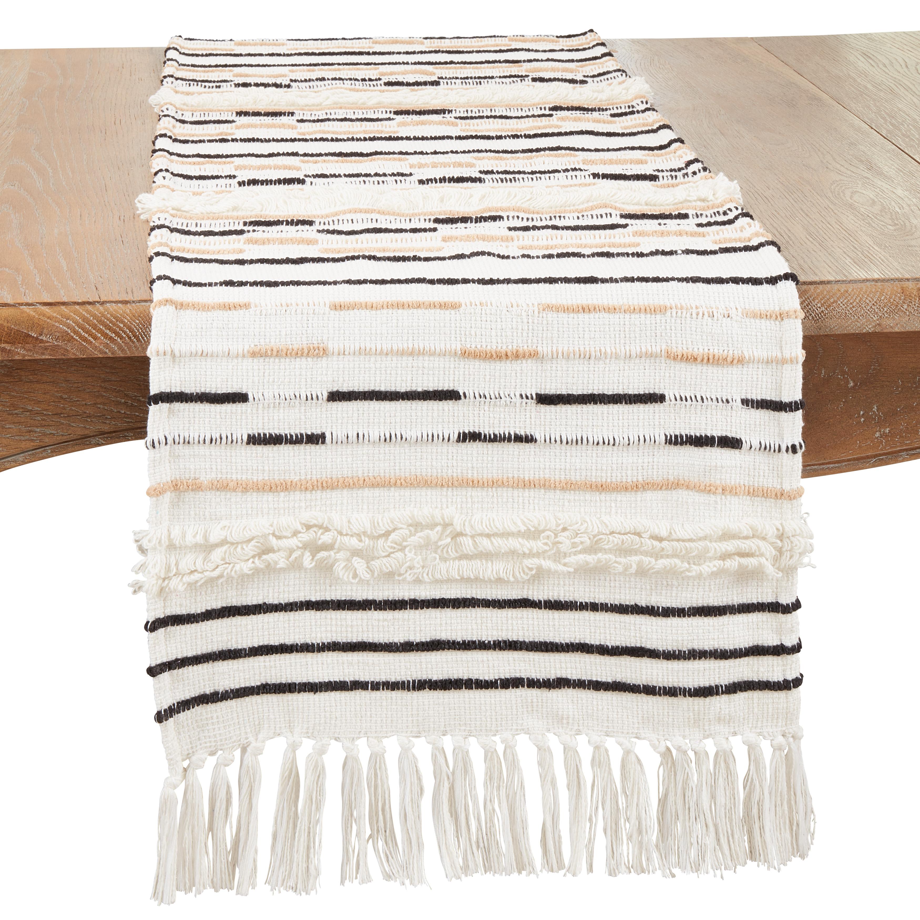 Ivory and Black Cotton Textured Corded Table Runner with Fringe