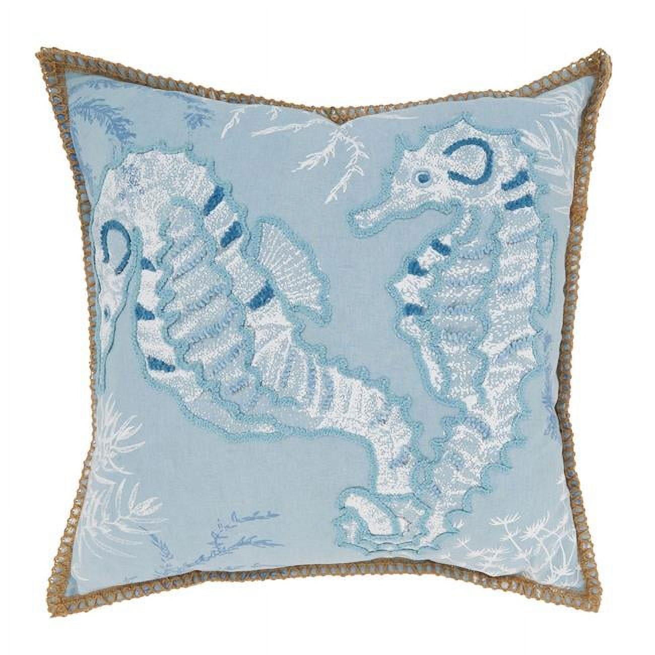 Blue Cotton Seahorse Design Square Throw Pillow Cover