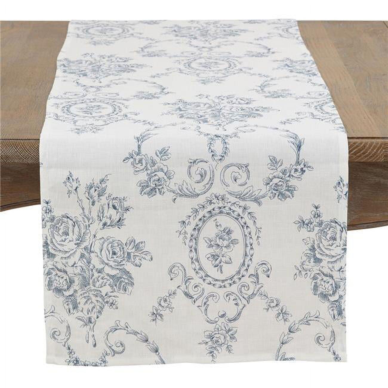 Indigo Floral Linen Table Runner with Toile Design