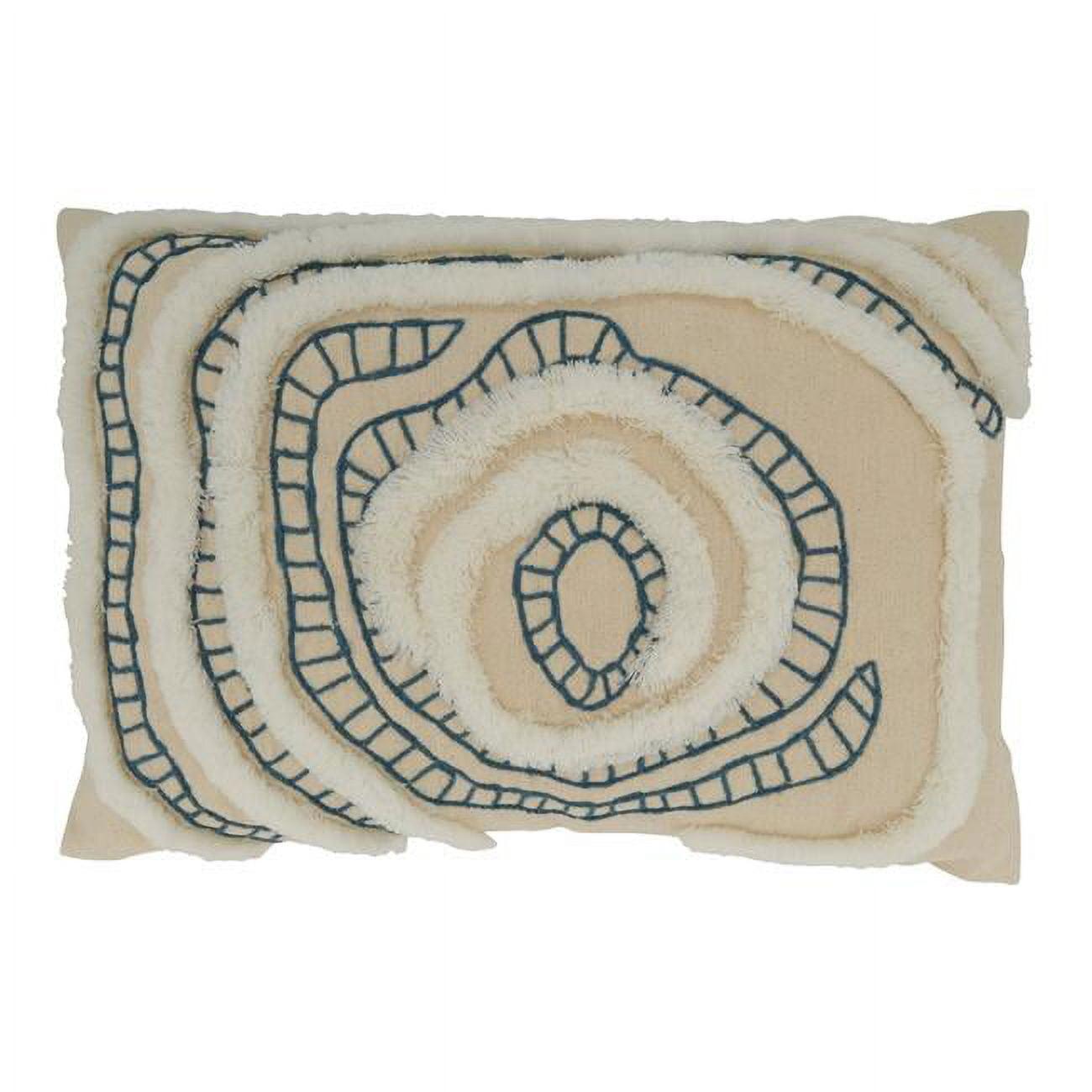 Beige and Blue Embroidered Rectangular Throw Pillow