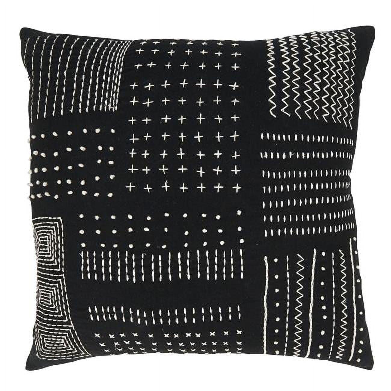 Black Cotton Embroidered Square Throw Pillow with Down Fill