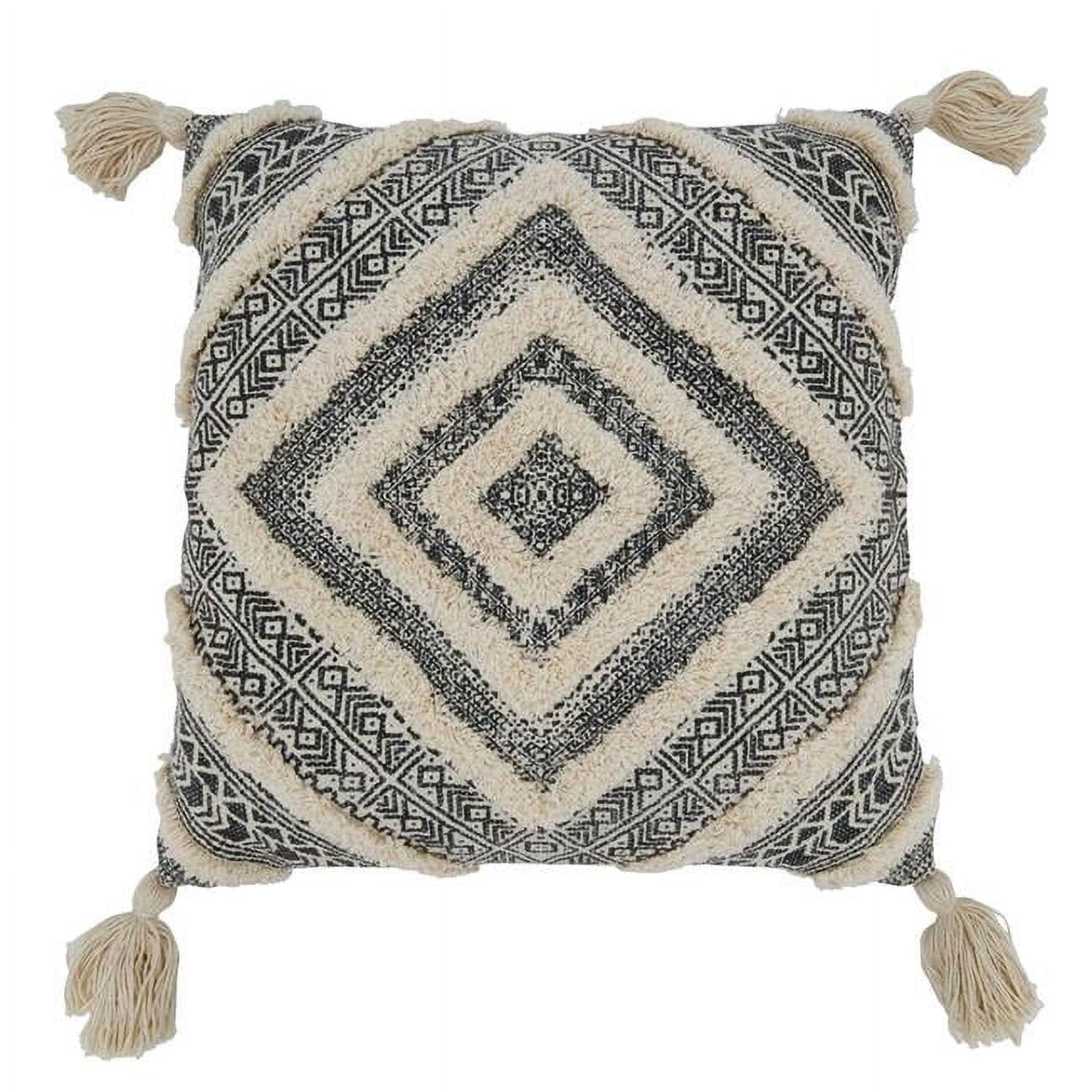 Tufted Diamond Block Print Black and Beige Cotton Pillow