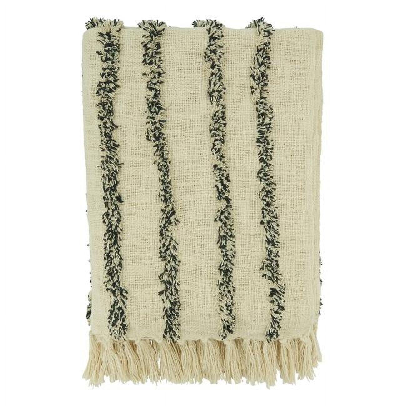 Ivory and Black Cotton Tufted Line Throw Blanket with Tassels