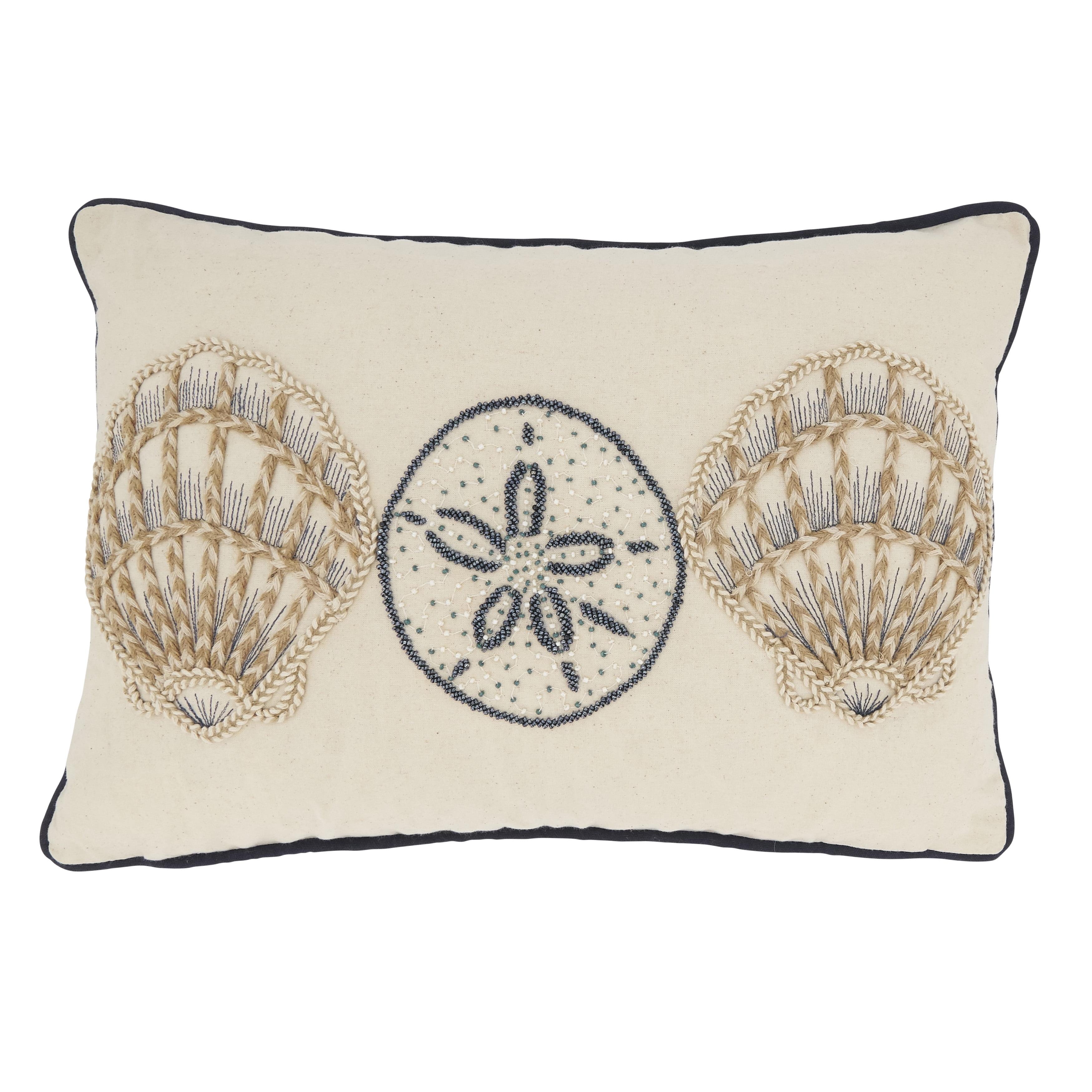 Coastal Embroidered Shells Cotton Throw Pillow 14"x20"