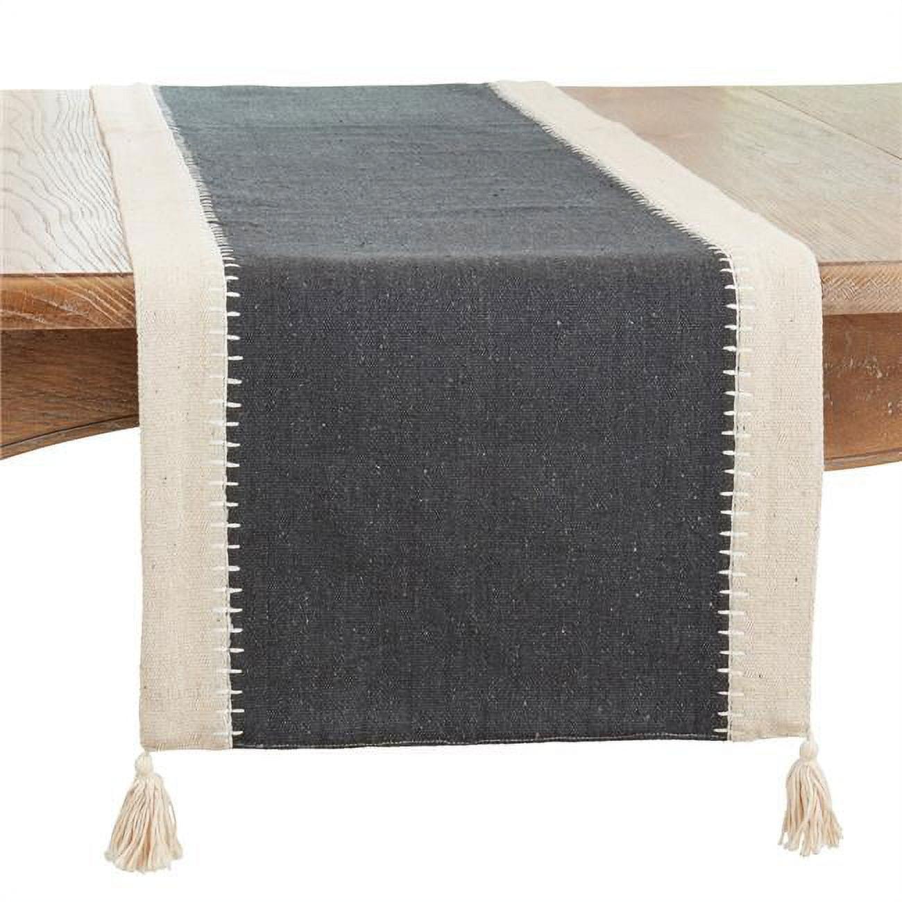 Black and Natural Cotton Whipstitch Table Runner with Tassels