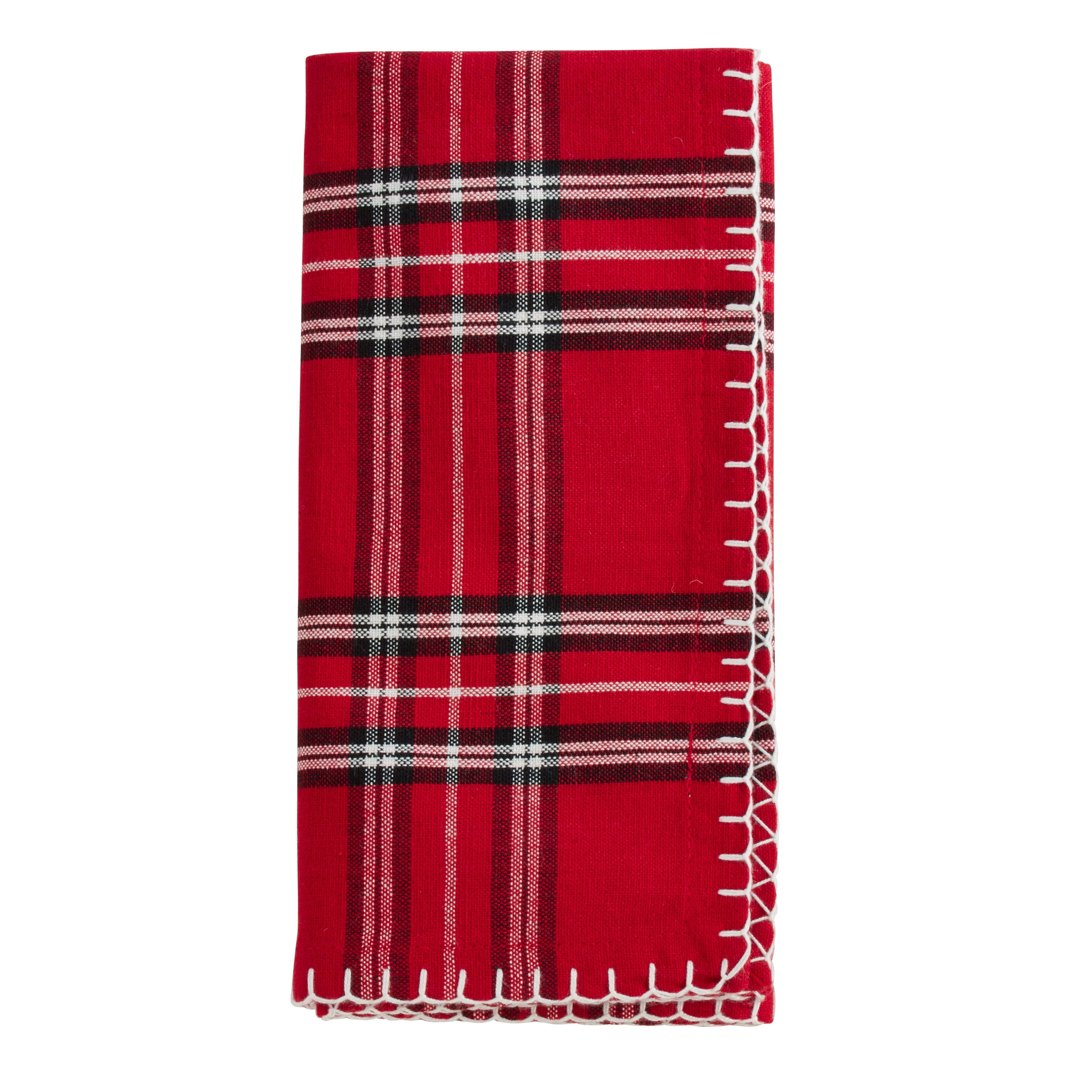 Saro Lifestyle Cotton Dinner Napkin With Plaid Whipstitch Design (Set of 4), 20"x20", Red