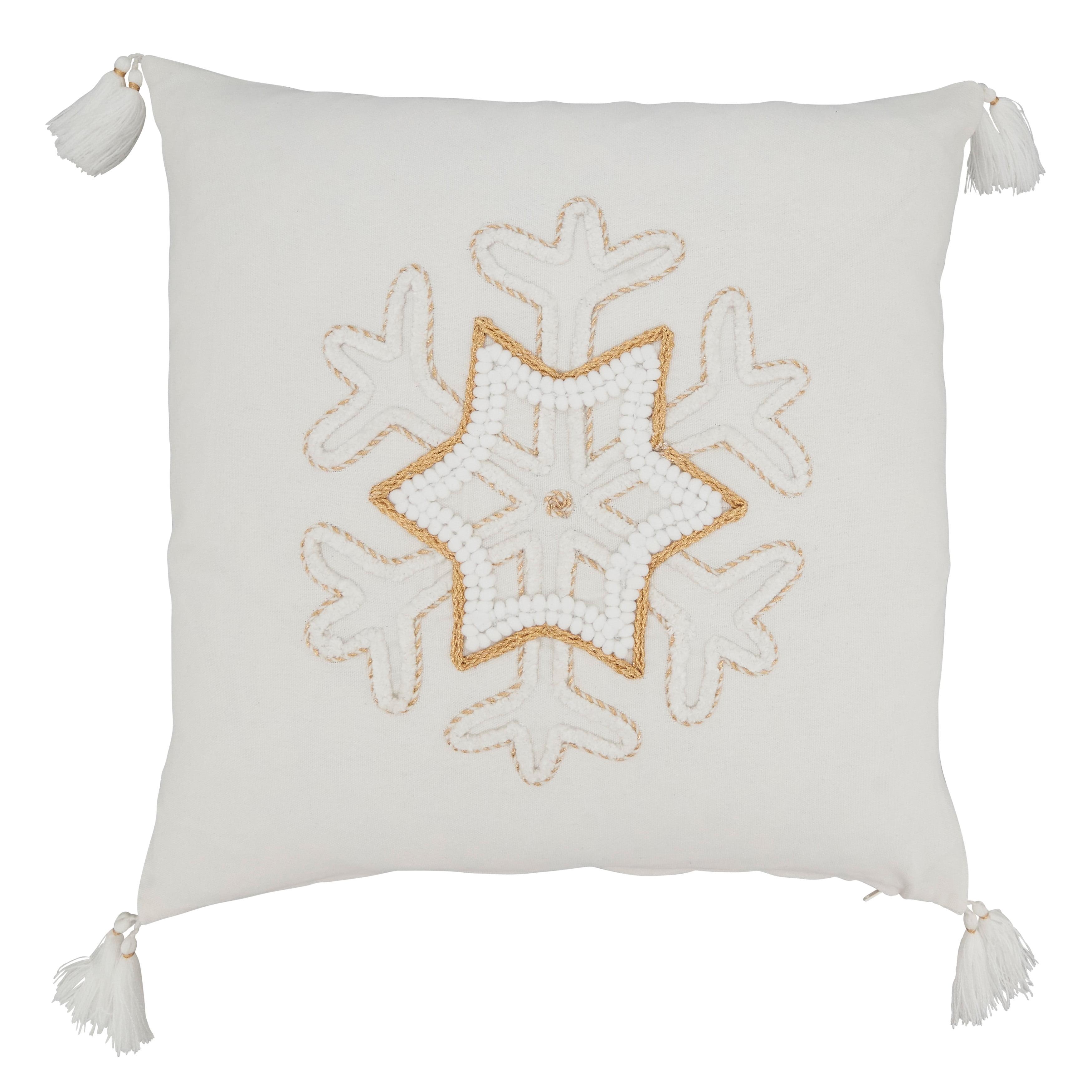 Saro Lifestyle Festive Frost Snowflake Down Filled Throw Pillow with Tassels, 18", Gold