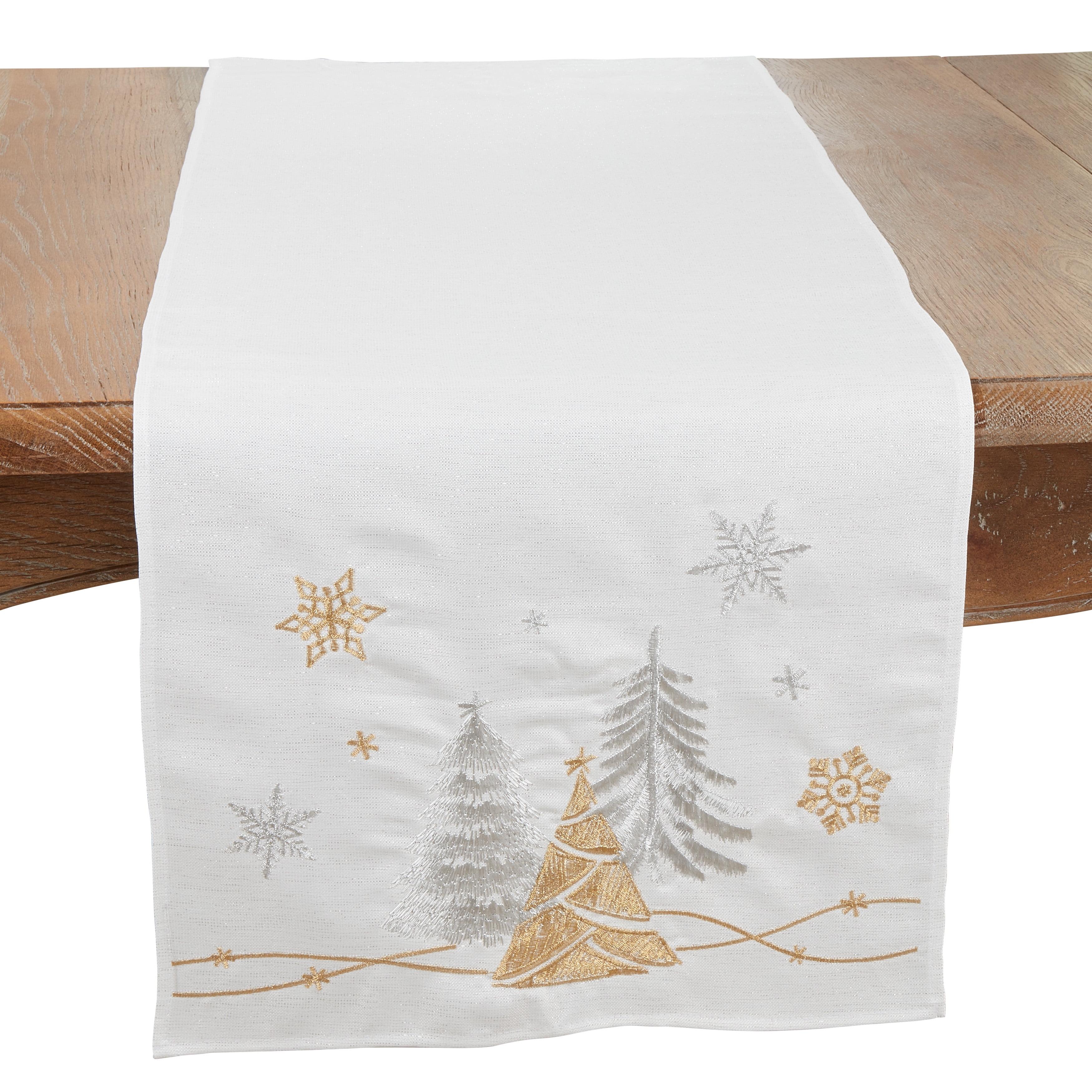 White Winter Wonderland Trees and Snowflakes Polyester Table Runner