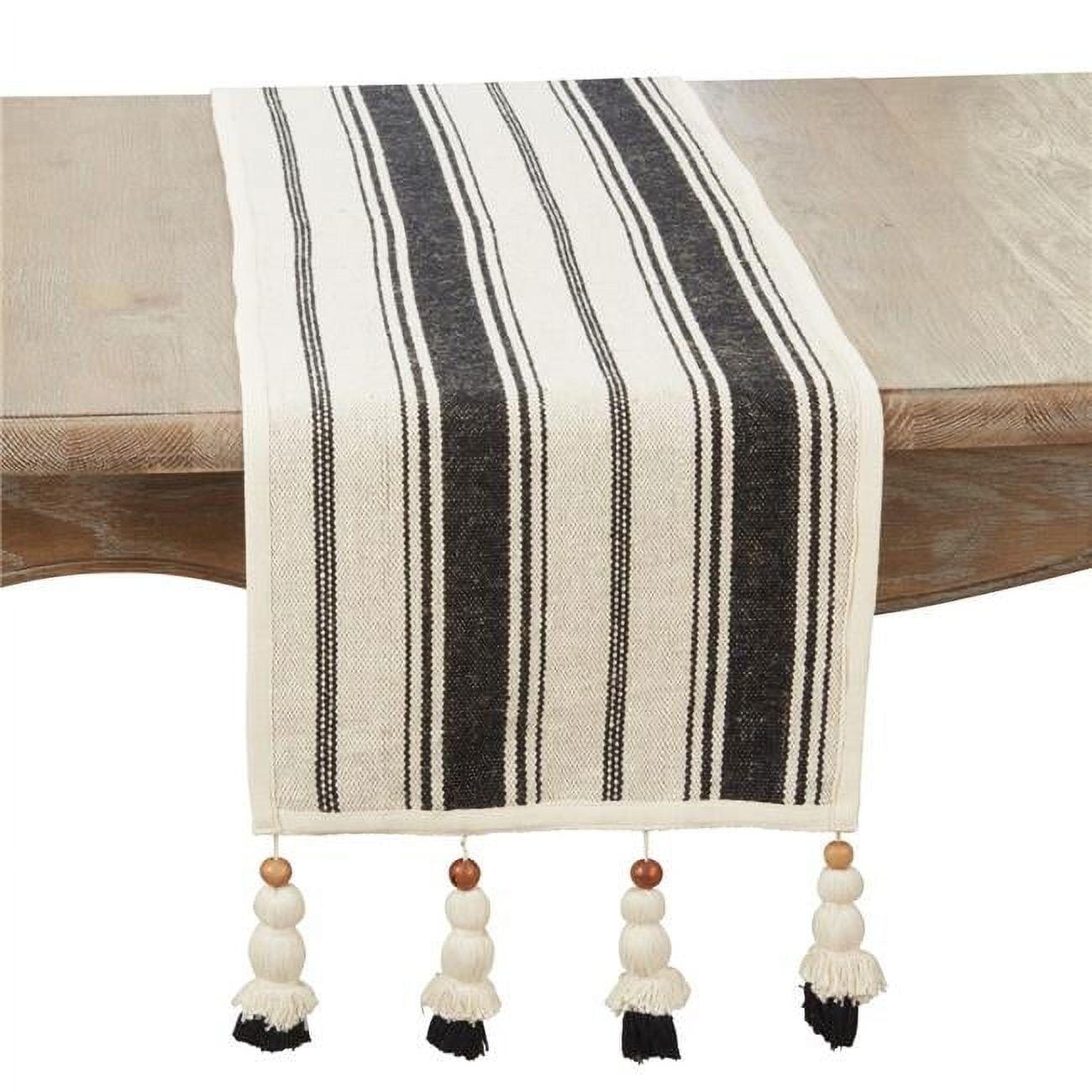 Black and Natural Cotton Table Runner with Wood Bead Tassels