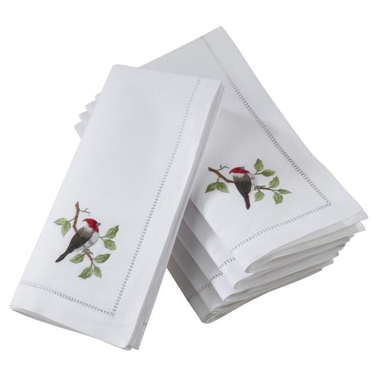 Saro Lifestyle Embr'd Woodpecker Hemstitch Napkin, 20" Square, White (Set of 6)