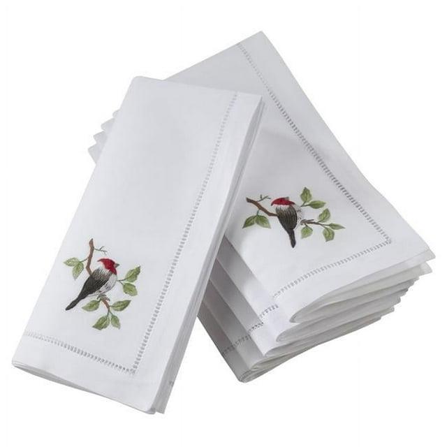Saro Lifestyle Embr'd Woodpecker Hemstitch Napkin, 20" Square, White (Set of 6)