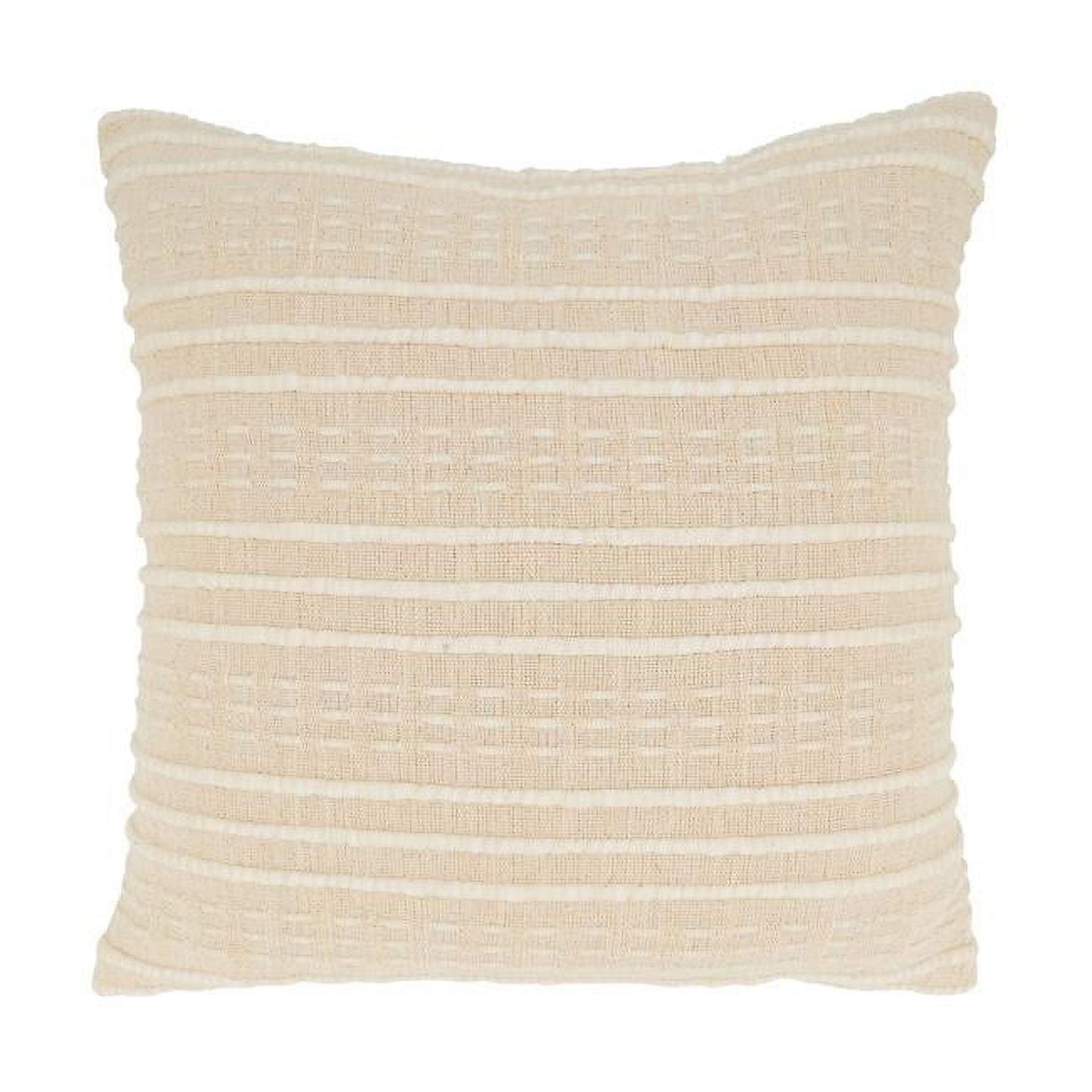 Beige Striped Cotton Blend Square Throw Pillow Cover