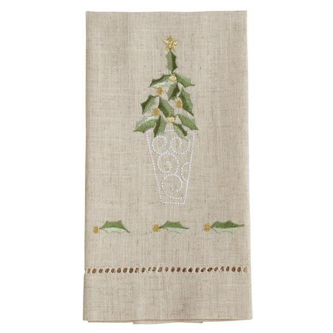 Natural Embroidered Hemstitched Topiary Guest Towels, Set of 4