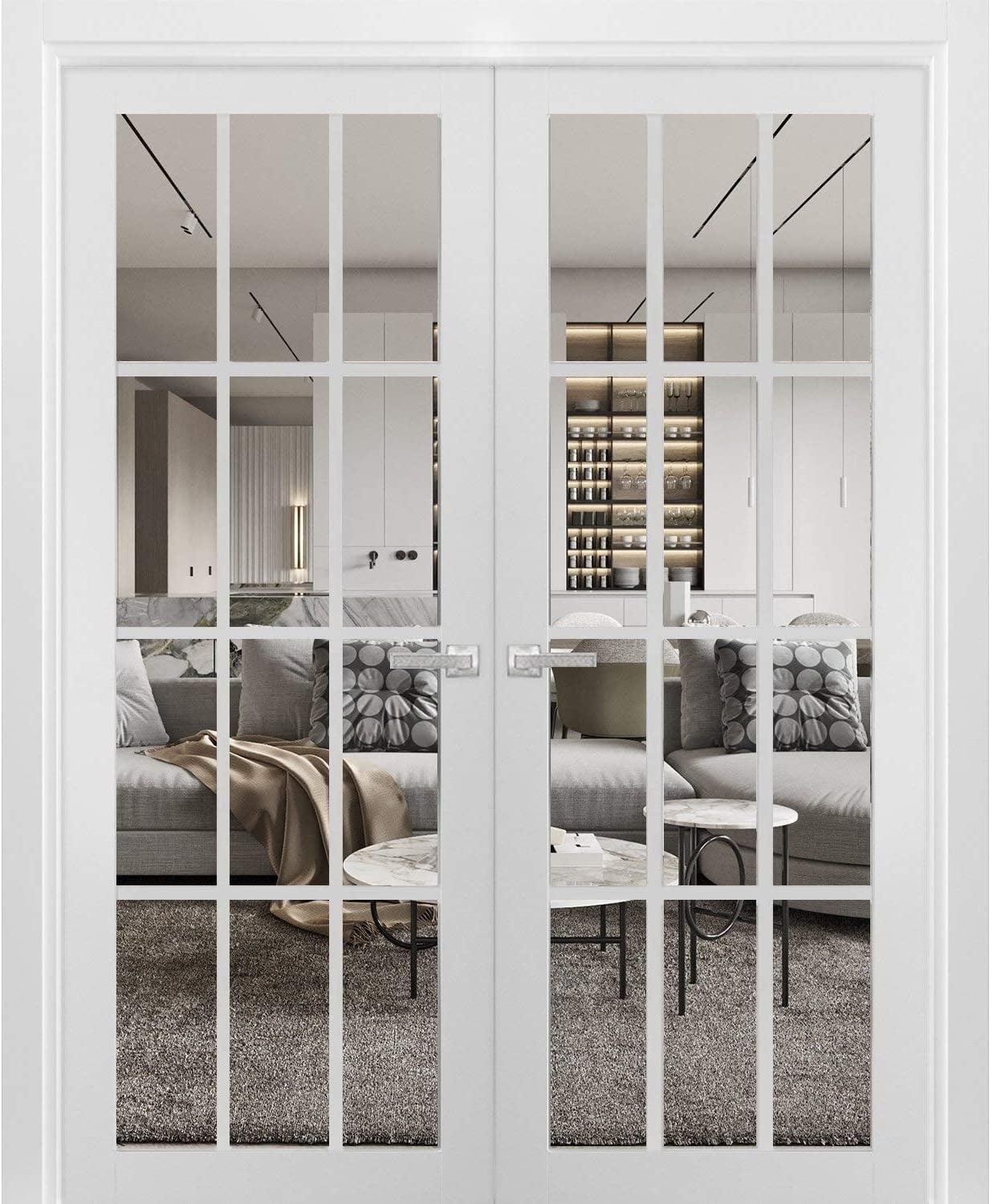 SARTODOORS Felicia Clear Glass French White Doors with Installation Hardware Kit