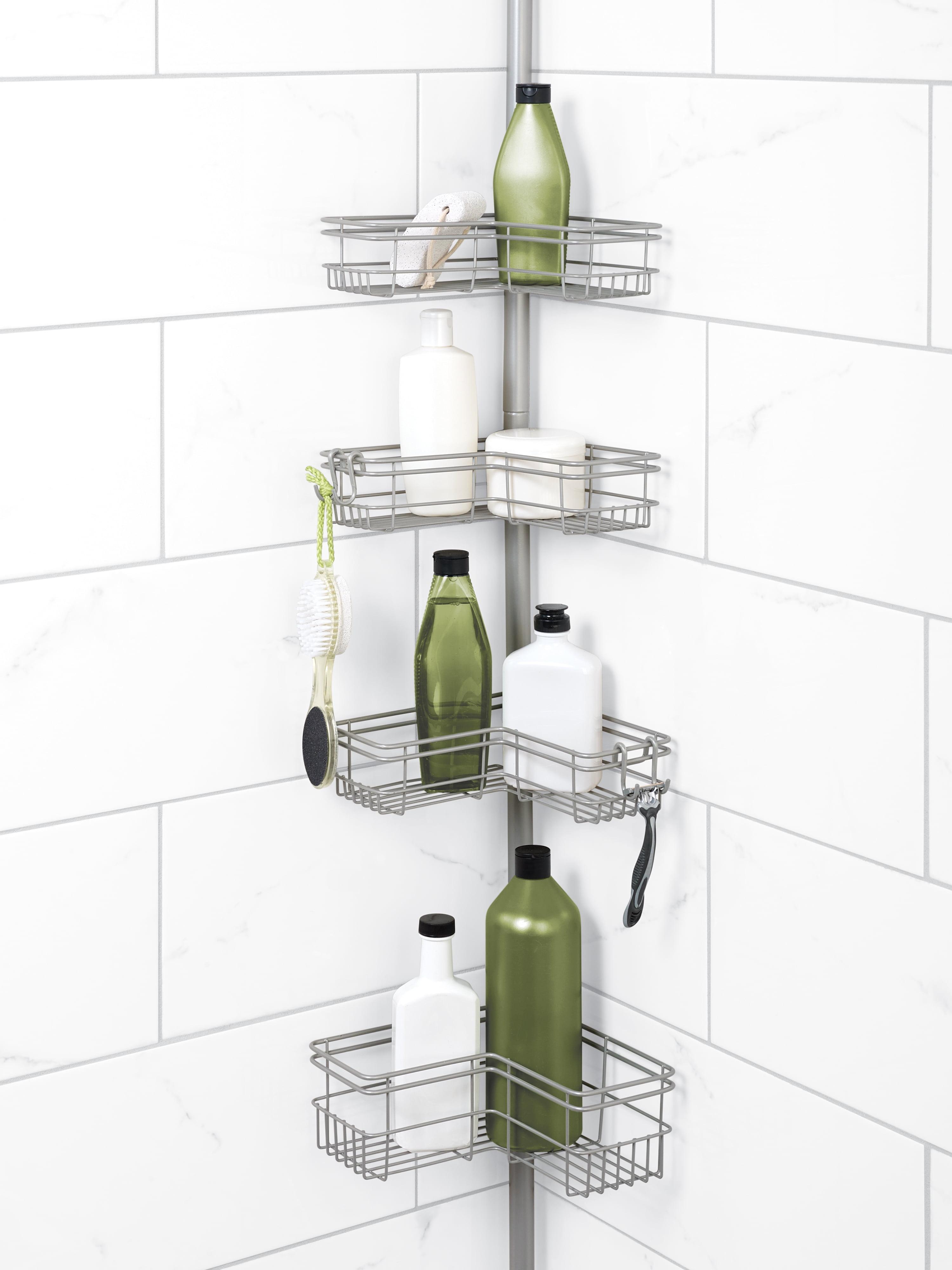 Satin Nickel Shower Caddy with 4 Shelves, Zenna Home Tension Pole