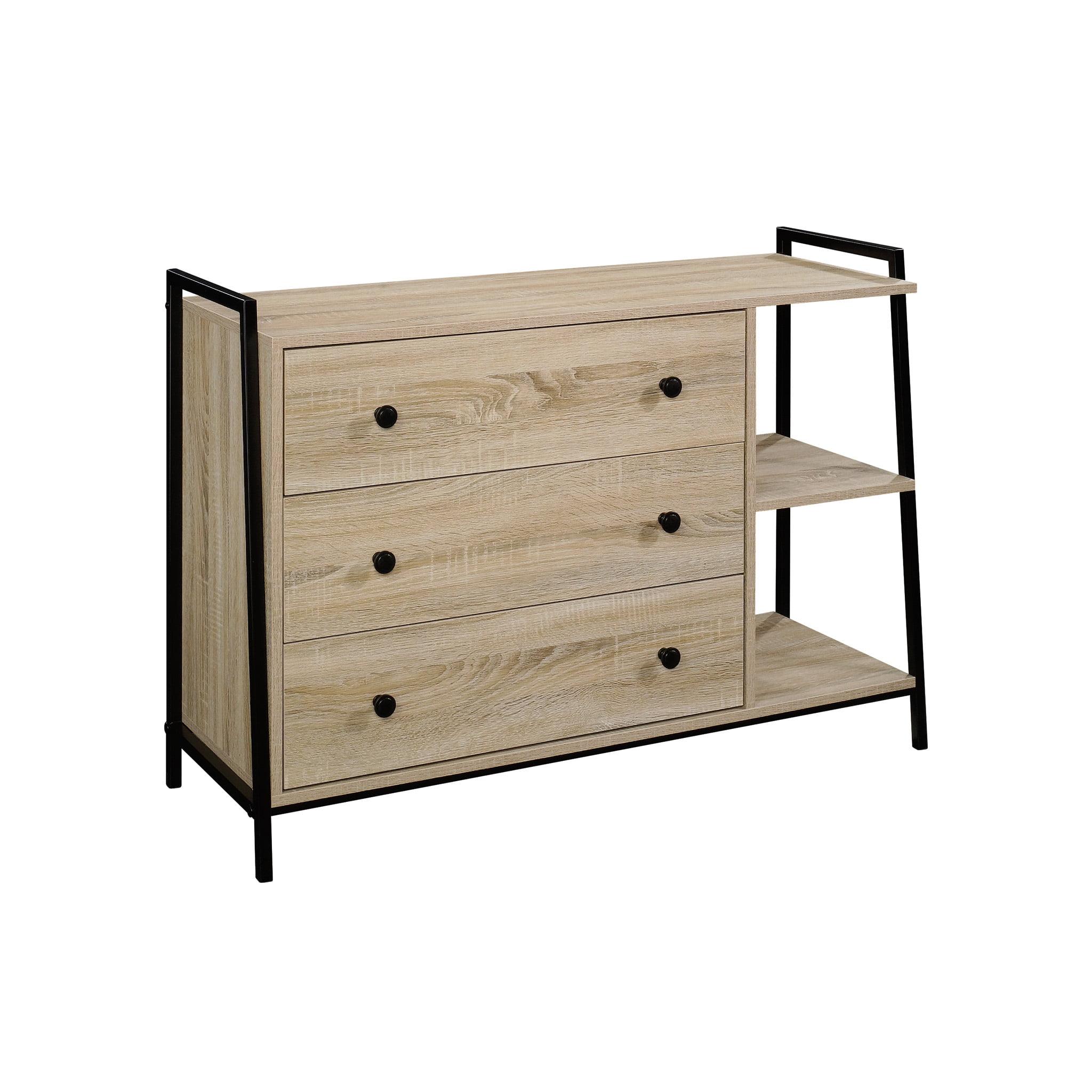 Charter Oak and Black Metal 3-Drawer Dresser with Open Shelves