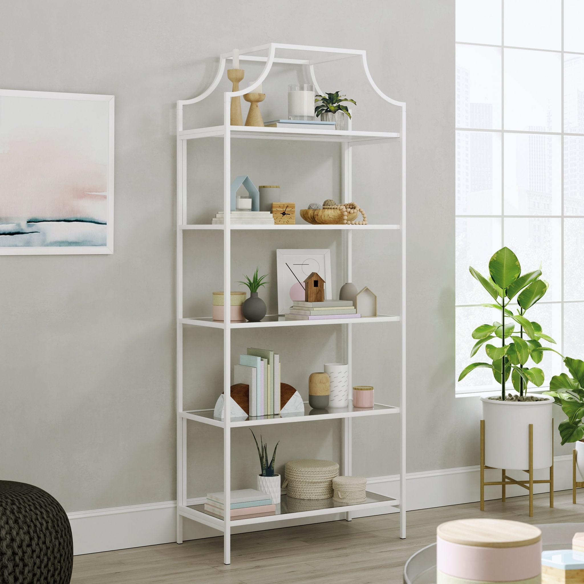 Sauder Anda Norr 5 Shelf Metal Framed Glass Bookcase, White Finish