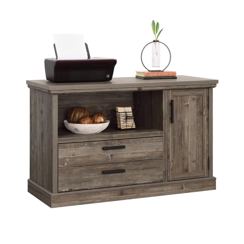 Sauder Aspen Post Small Office Credenza Pebble Pine: Laminated MDF, Metal Hardware, Spot Clean