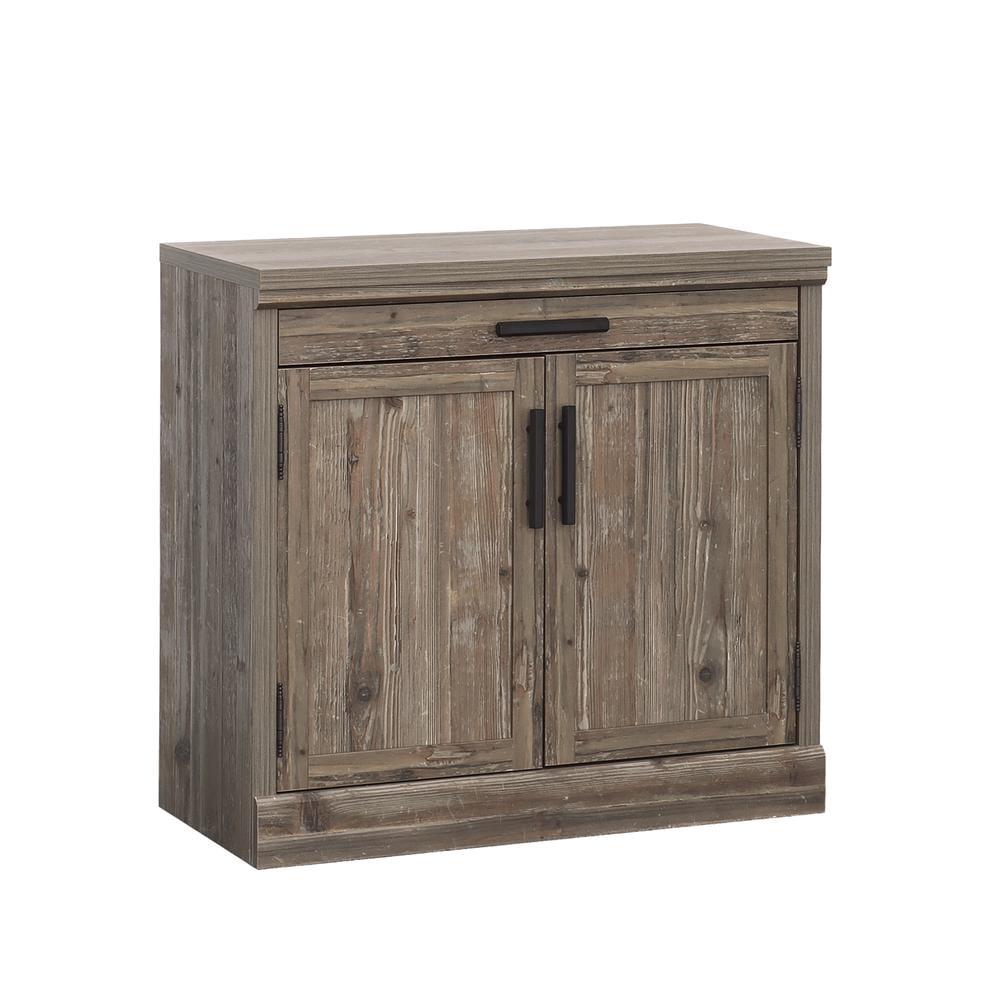 Sauder Aspen Post Library Base Pebble Pine: Farmhouse Style Office Cabinet with Storage & Fixed Shelf