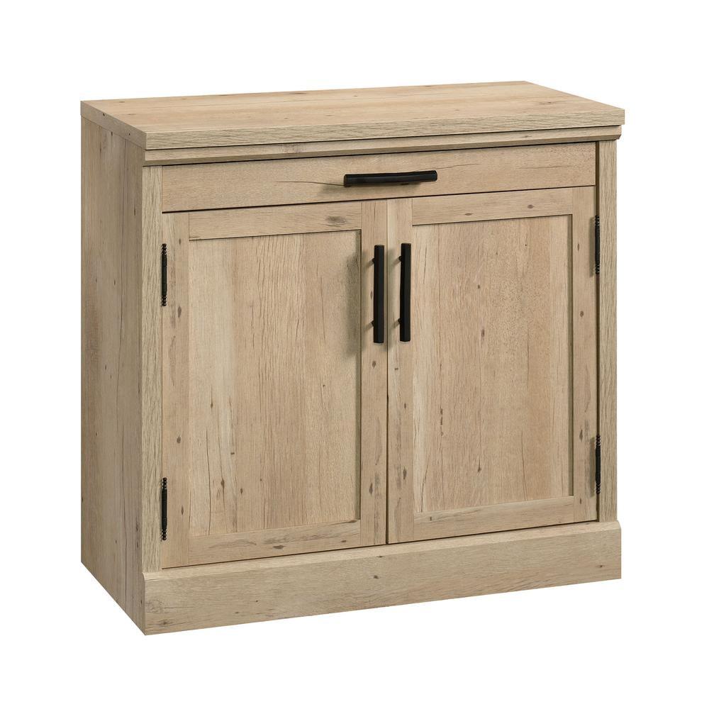 Sauder 2 Door Aspen Post Library Cabinet Prime Oak: Farmhouse Style, Adjustable Shelves, MDF Frame