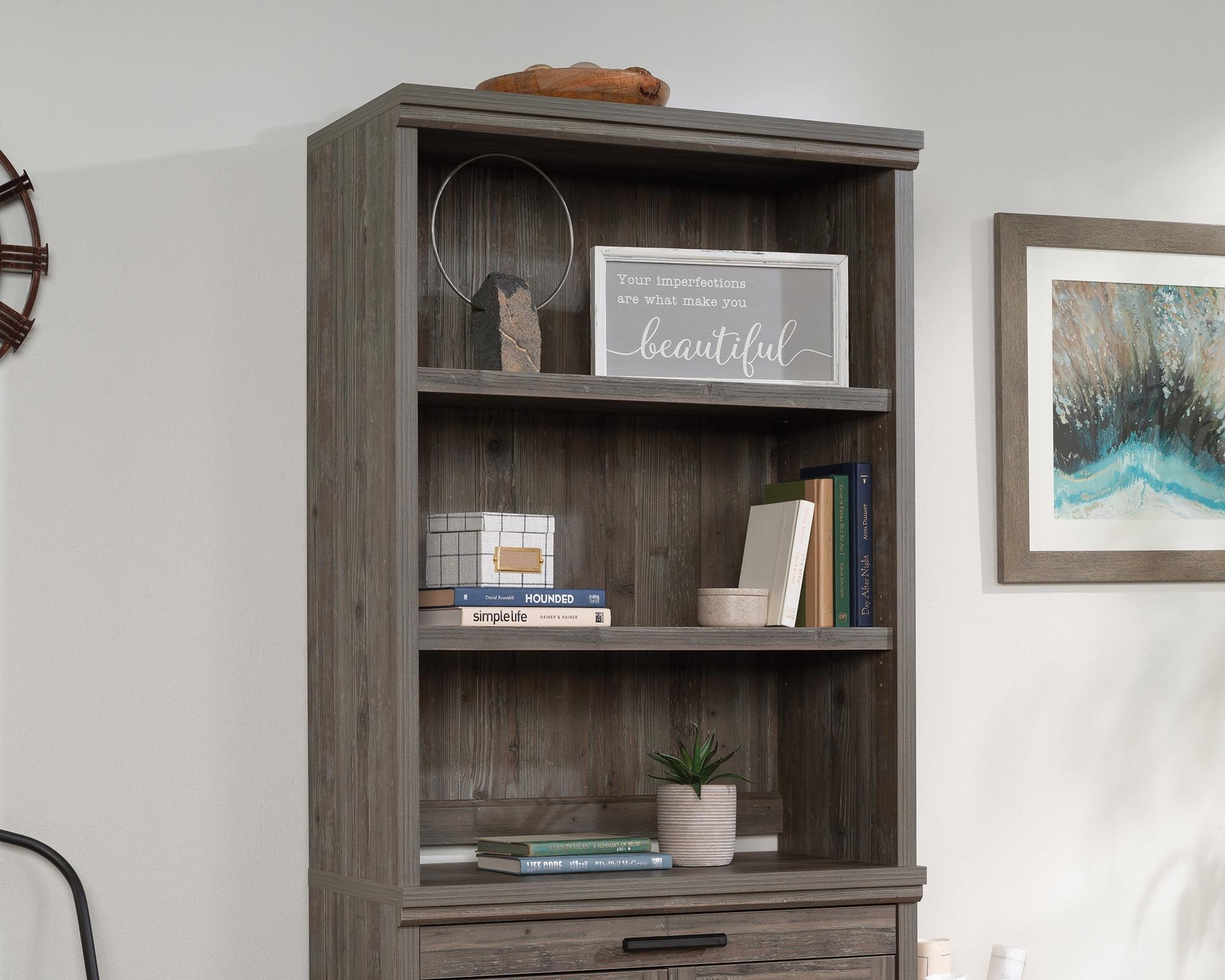 Sauder Aspen Post Hutch Top Pebble Pine: Farmhouse Style, 2 Fixed Shelves, MDF Construction